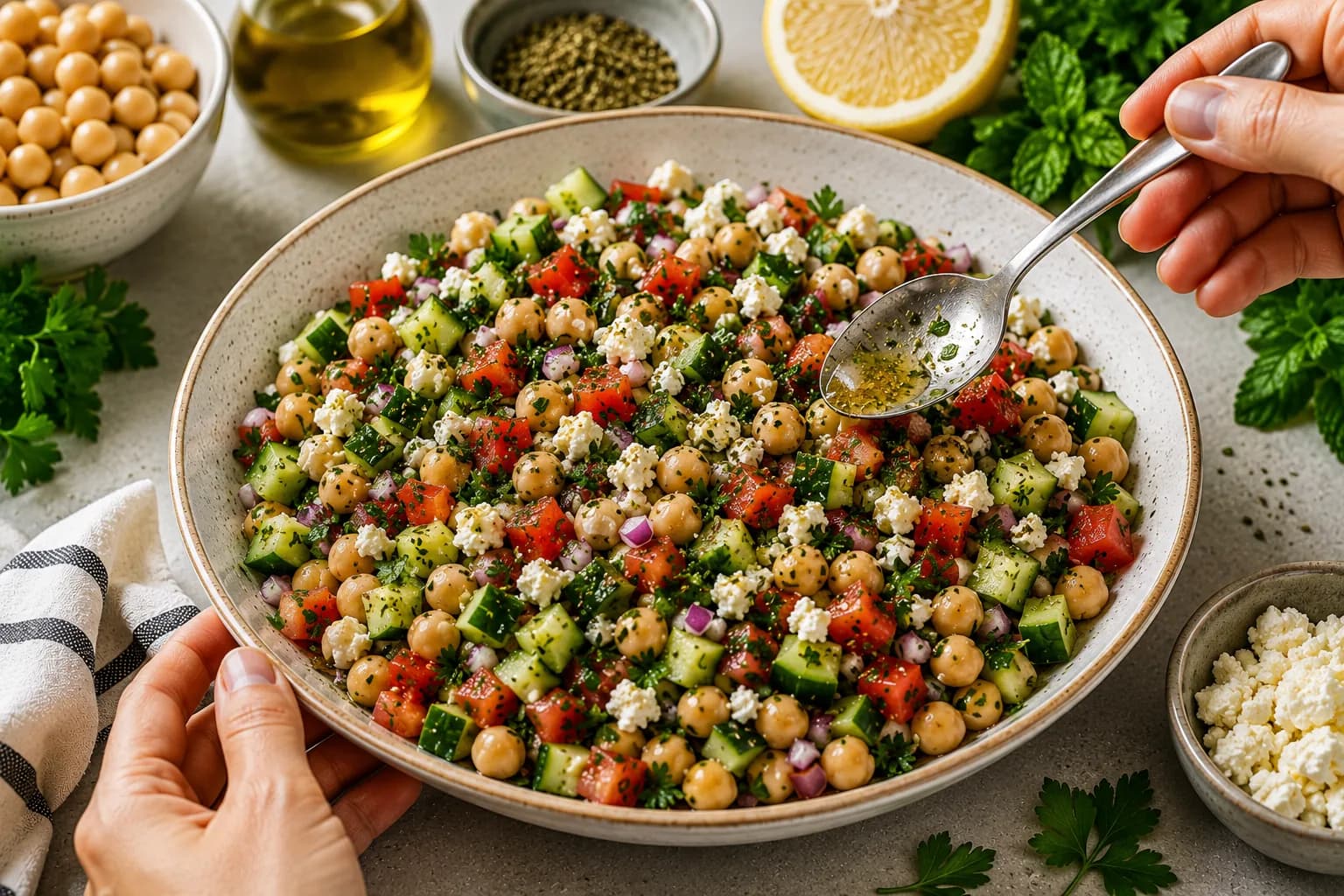 Finished Mediterranean chickpea salad with chickpeas, fresh vegetables, herbs, feta, and lemon dressing.