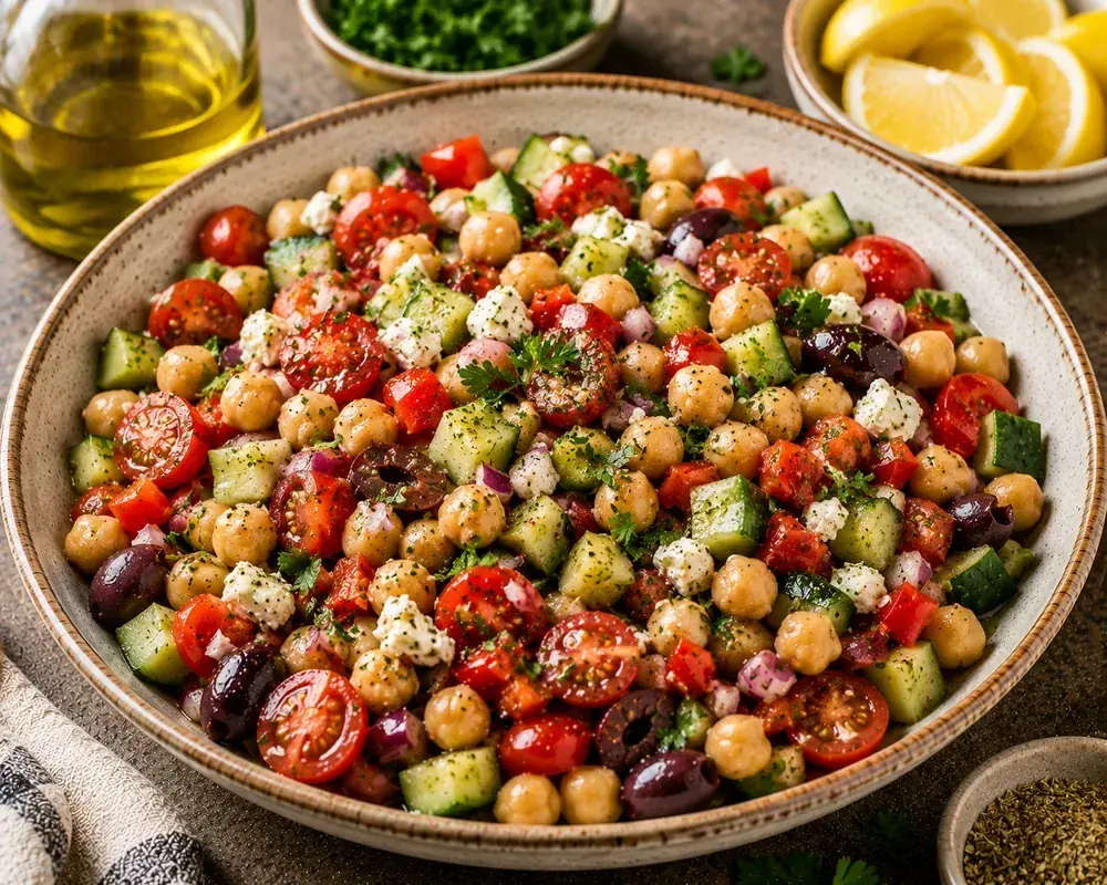 Mediterranean chickpea salad with chickpeas, cucumber, tomatoes, red onion, parsley, mint, feta cheese, and lemon dressing.