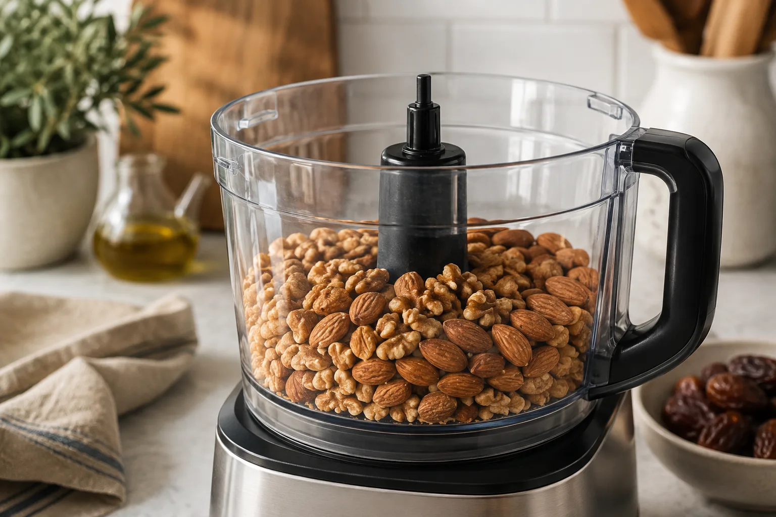 Raw almonds and walnuts being pulsed into coarse crumbs in a food processor.