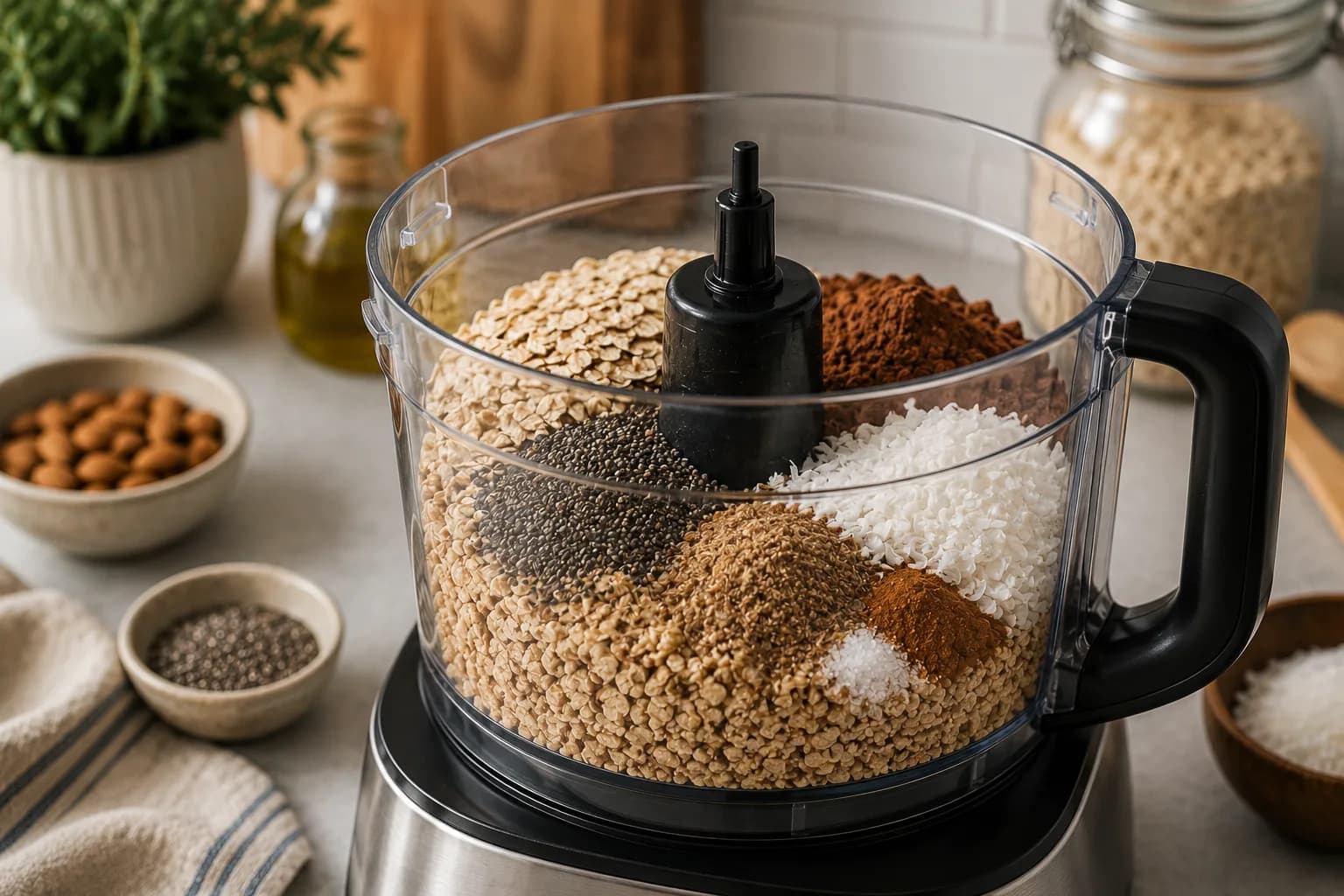 Oats, chia seeds, cocoa, coconut, flaxseed, cinnamon, and salt added to the chopped nuts.