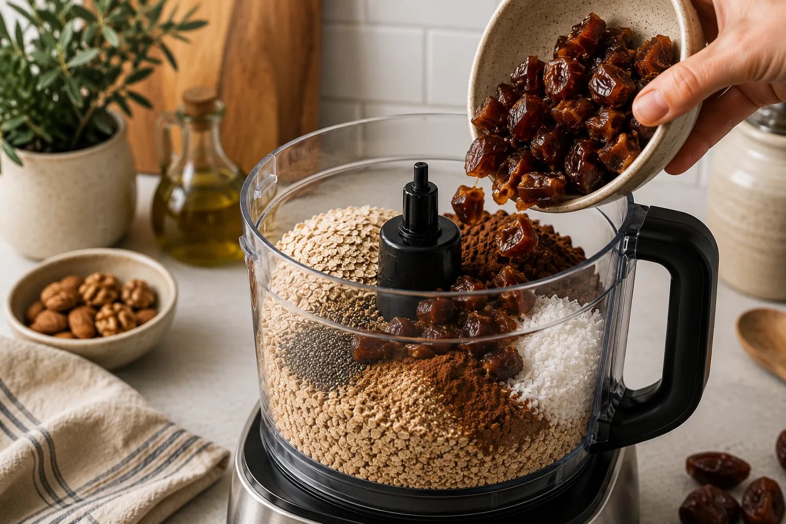 Pitted Medjool dates, almond butter, and vanilla being added to the dry energy ball mixture.