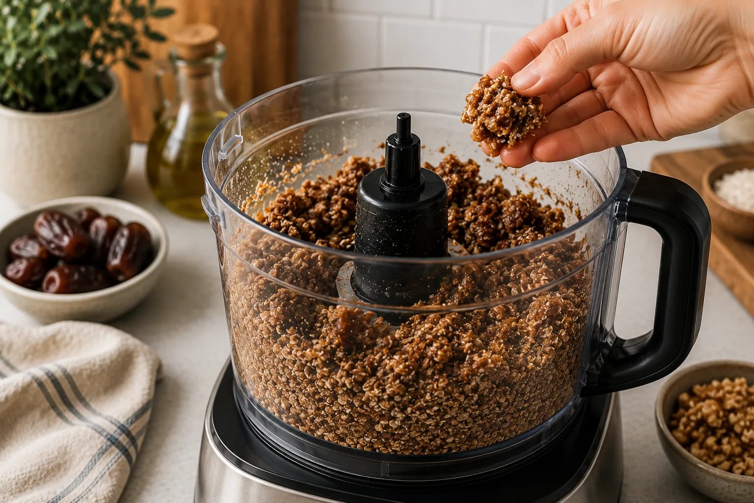 A small portion of energy ball mixture being pressed to check whether it holds together.