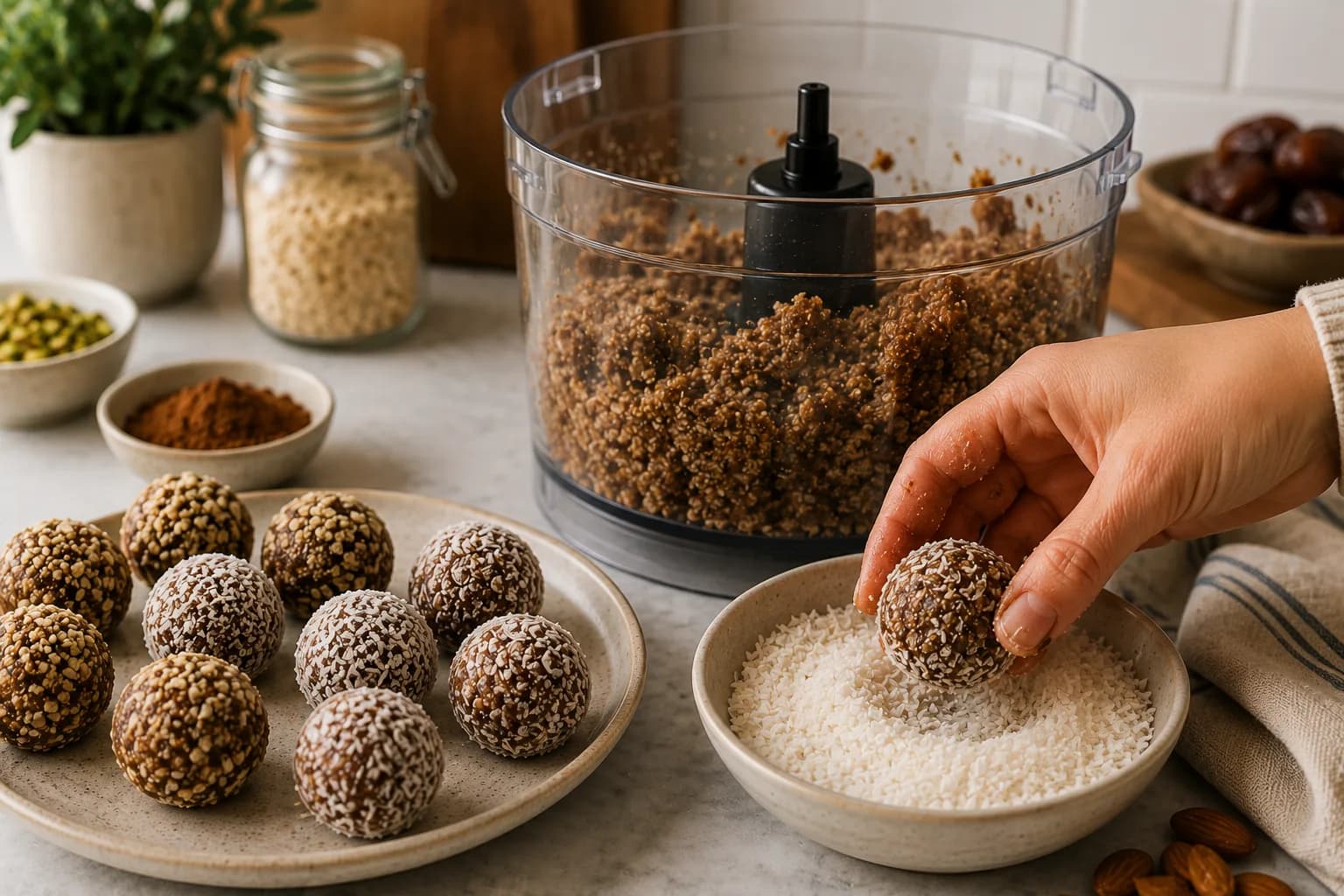 Hands shaping a compact energy ball and coating it with shredded coconut.
