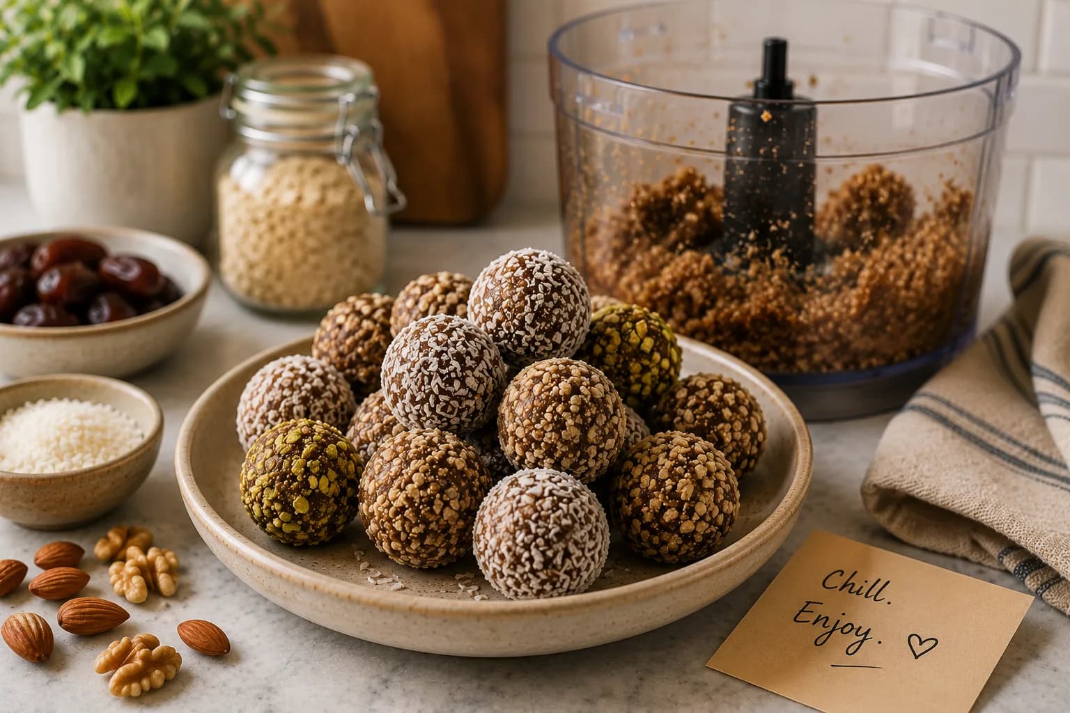 Finished coconut-coated Mediterranean energy balls arranged on a serving plate ready to chill and serve.