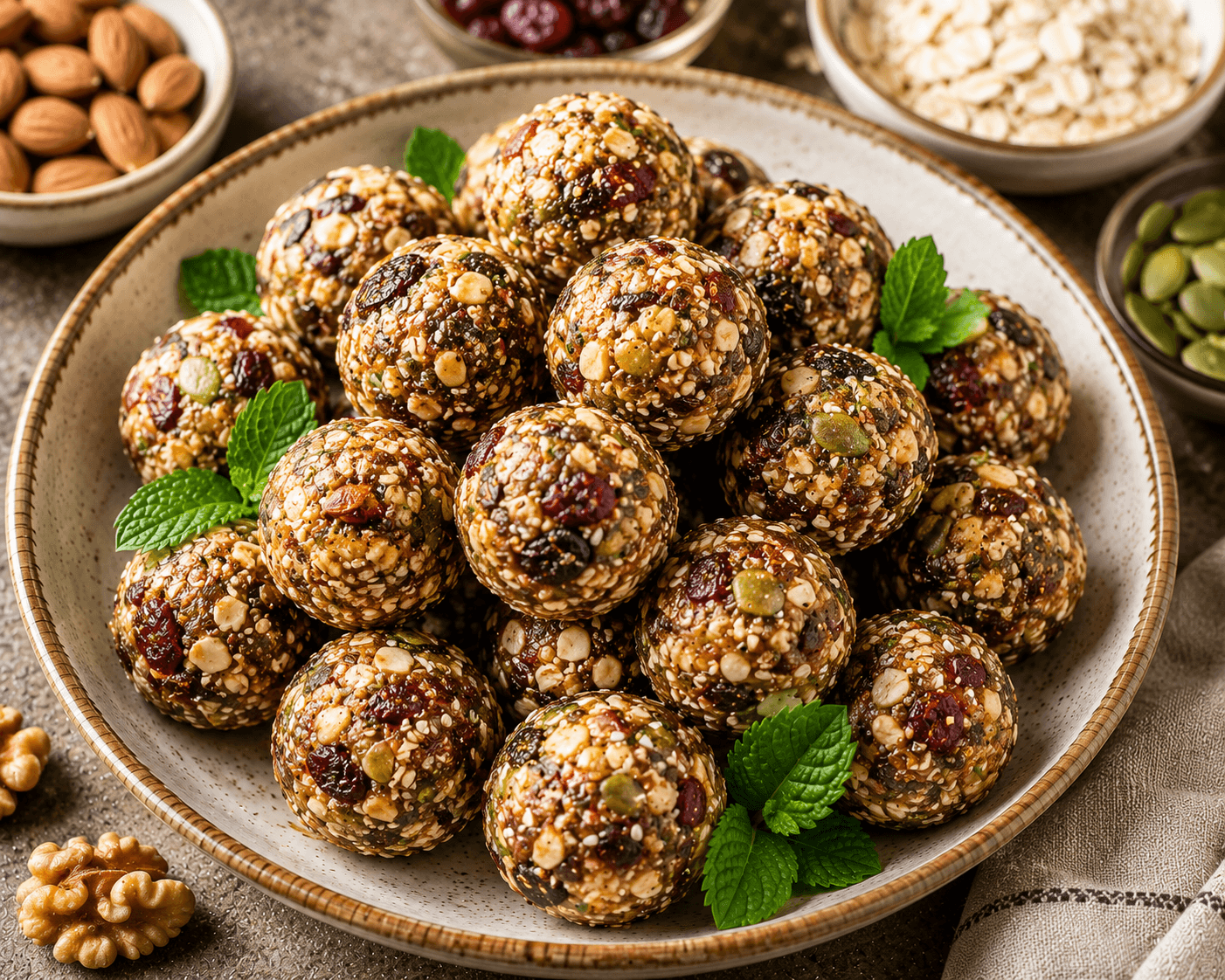 No-bake Mediterranean energy balls coated with shredded coconut and served on a wooden plate.