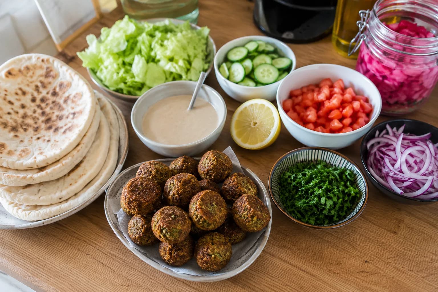 Falafel, flatbread, fresh vegetables, parsley, pickled vegetables, lemon, and tahini sauce prepared for a Mediterranean falafel wrap.