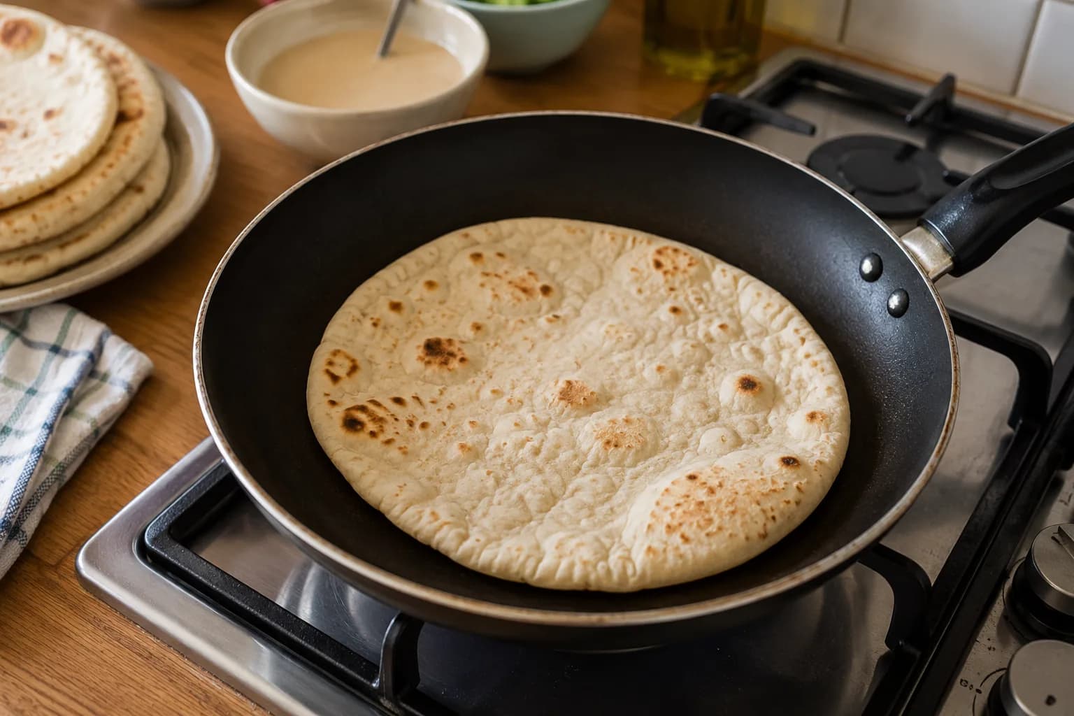 Soft flatbread being gently warmed in a skillet before assembling a falafel wrap.