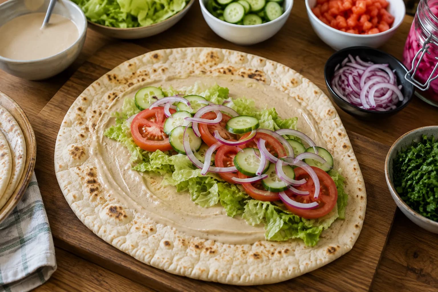 Warm flatbread spread with tahini and layered with lettuce, tomato, cucumber, and red onion.