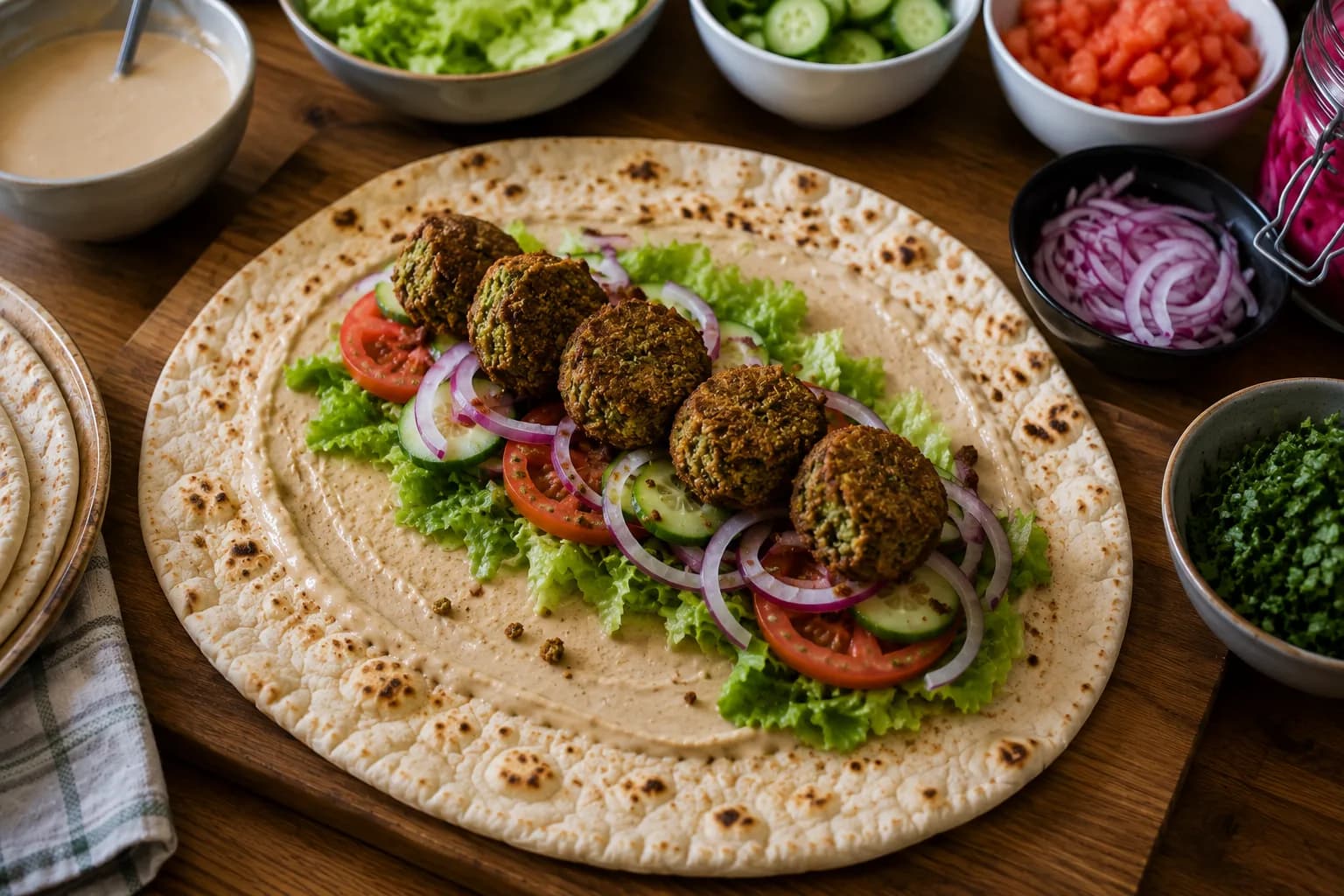 Warm crisp falafel arranged over fresh vegetables and tahini on flatbread.