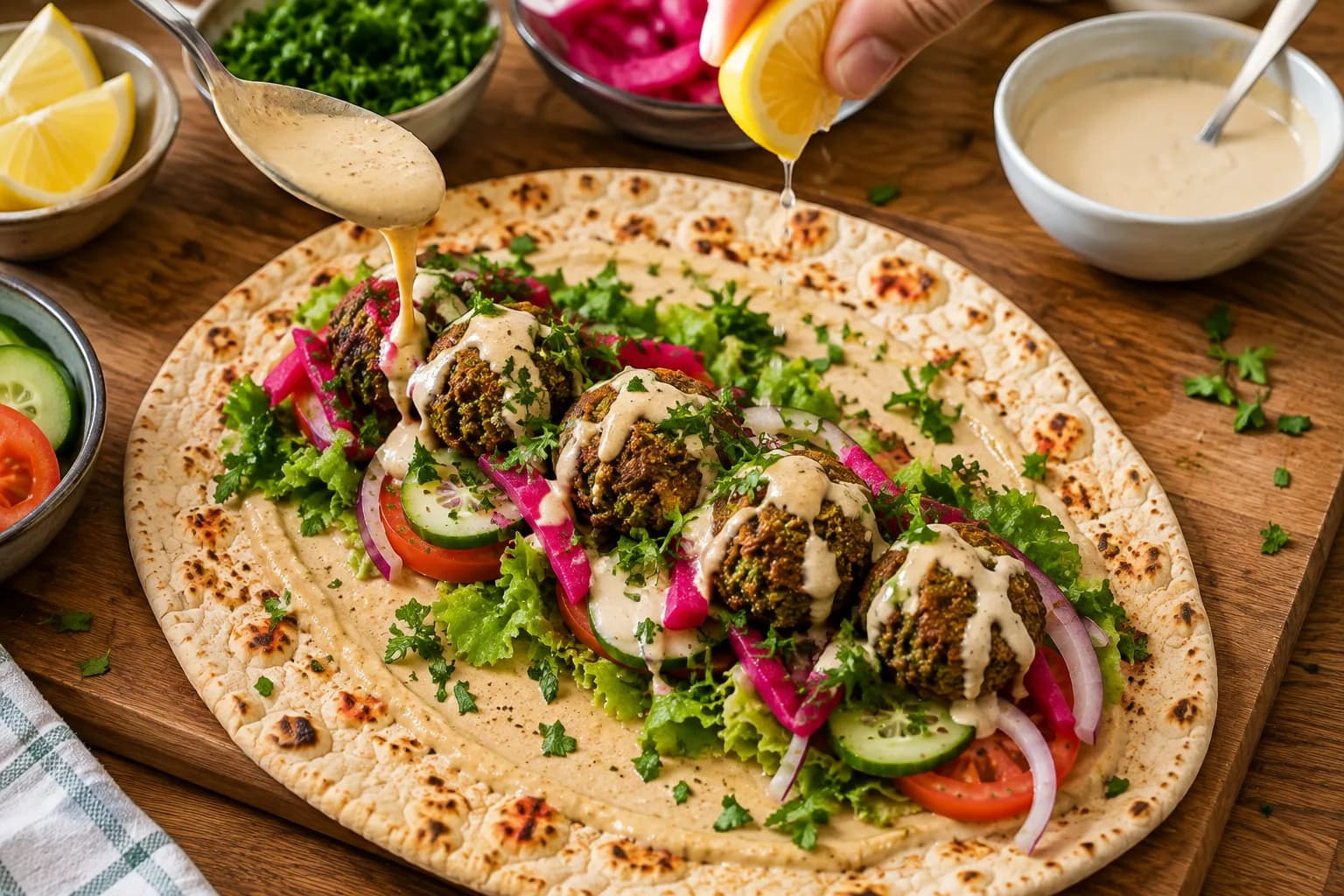 Falafel wrap filling topped with drained pickled vegetables, chopped parsley, lemon juice, and tahini sauce.