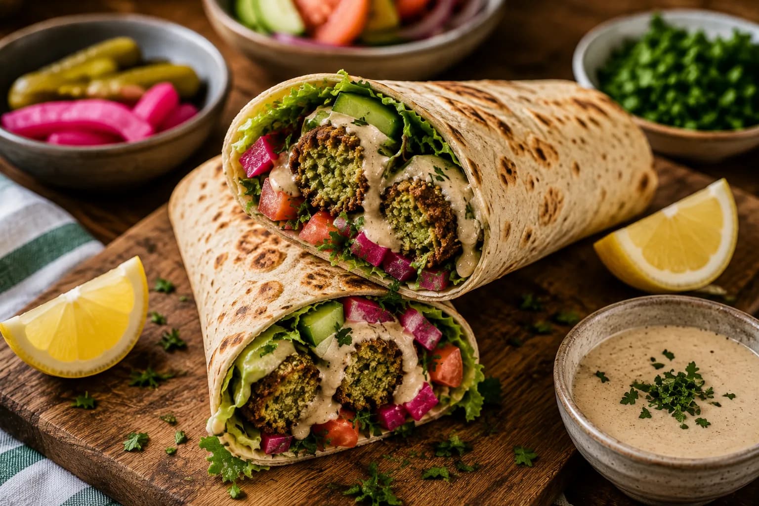 Finished Mediterranean falafel wrap rolled tightly and served with fresh vegetables, parsley, lemon, and tahini.
