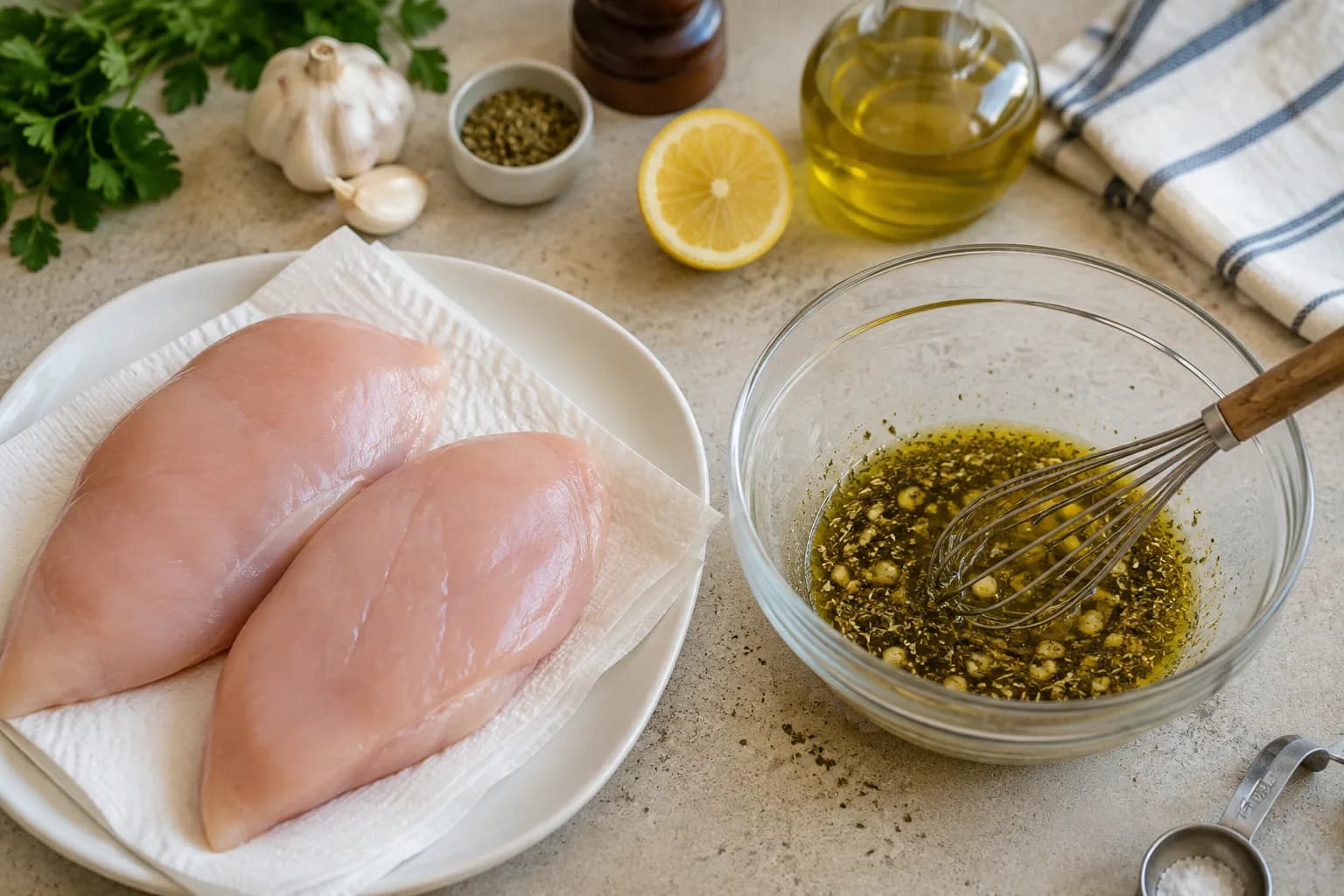 Raw chicken breasts coated with a lemon, garlic, olive oil, and oregano marinade.