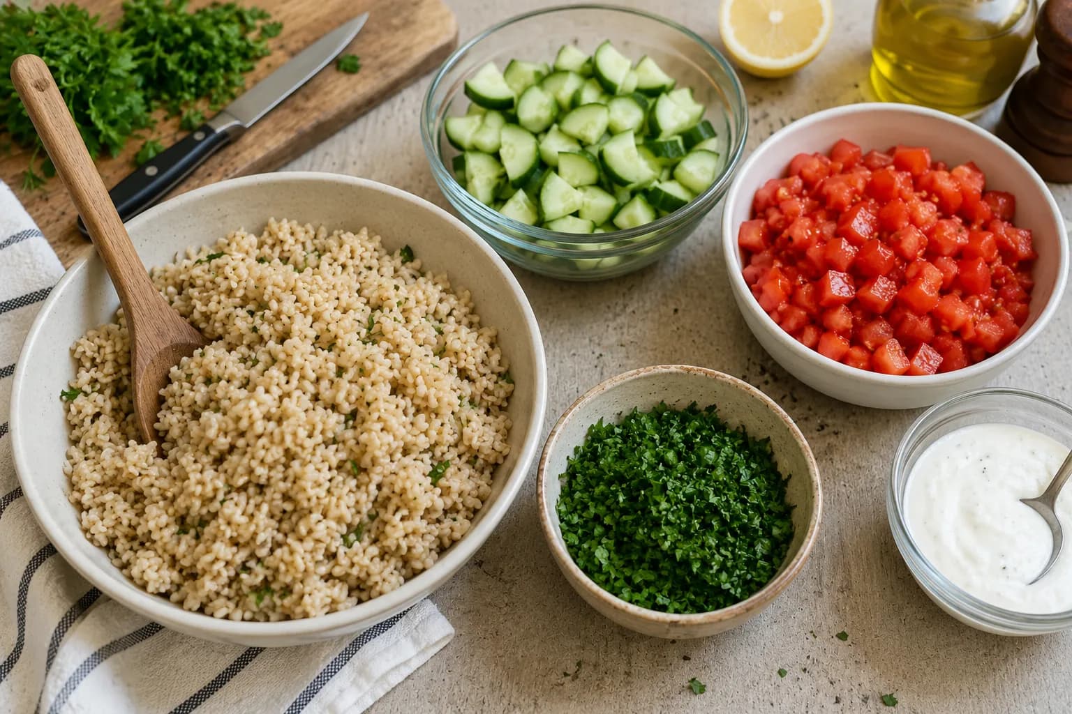 Cooked brown rice with sliced cucumber, chopped tomatoes, and fresh parsley prepared for the plate.