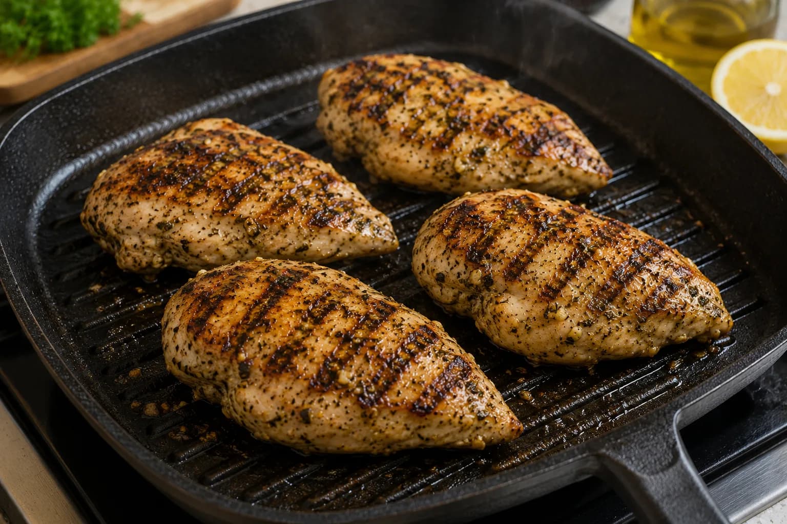 Chicken breasts grilling on a hot grill pan with browned areas and light grill marks.