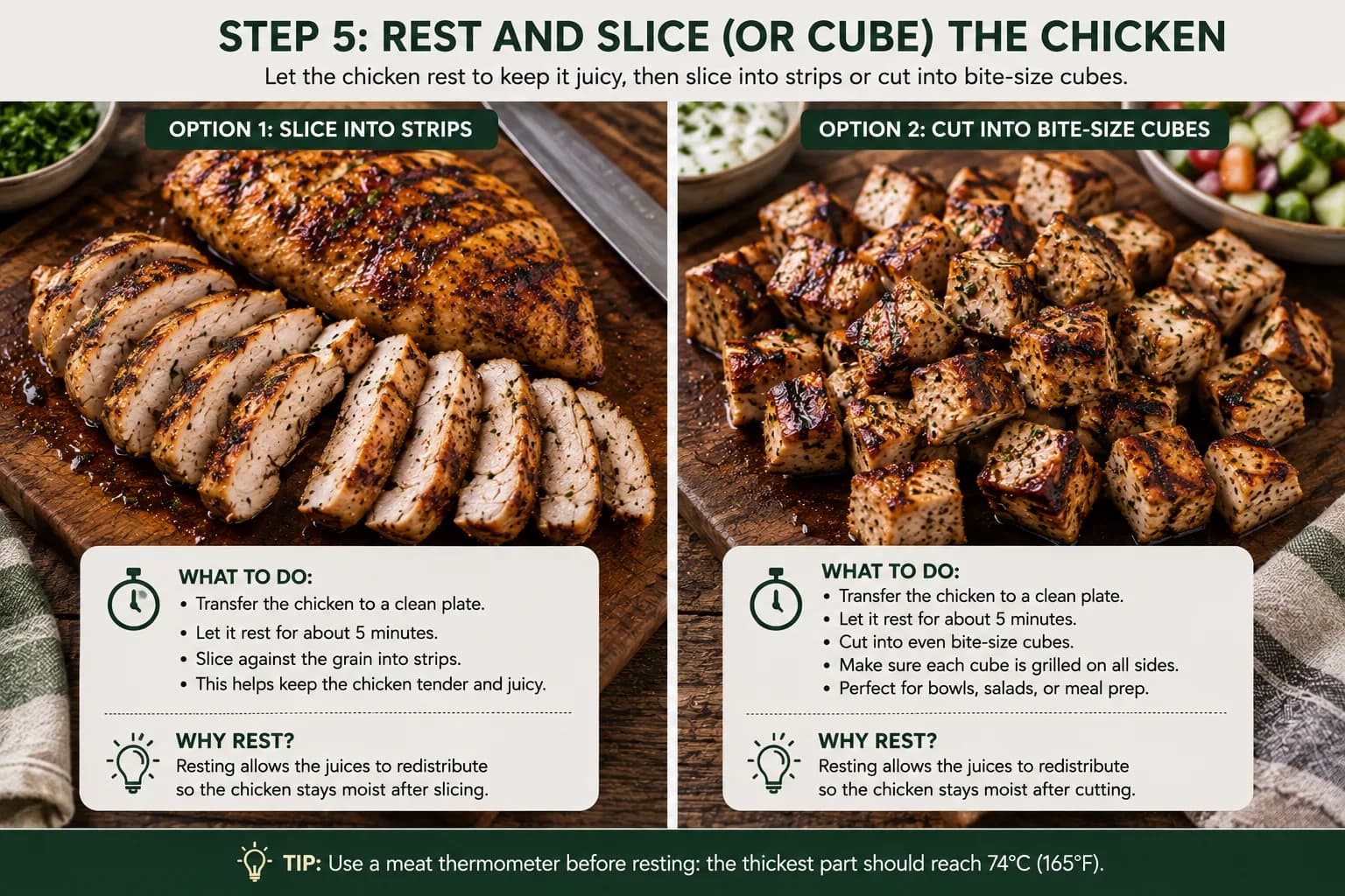 Rested grilled chicken being sliced into tender strips against the grain.