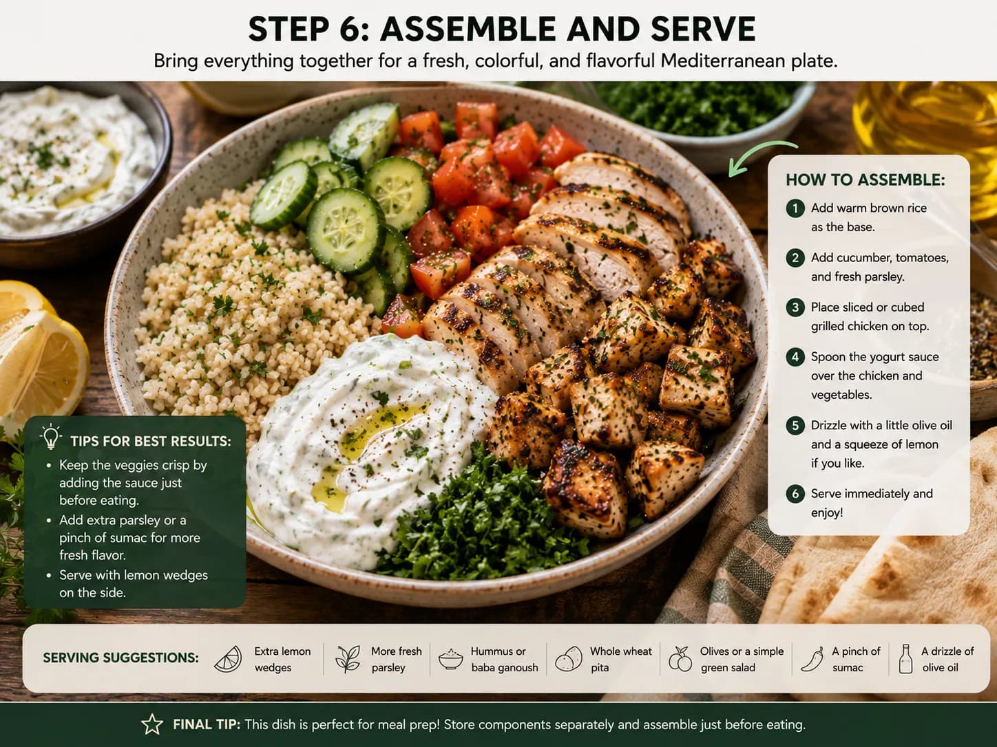 Mediterranean grilled chicken plate assembled with brown rice, cucumber, tomatoes, parsley, and yogurt sauce.