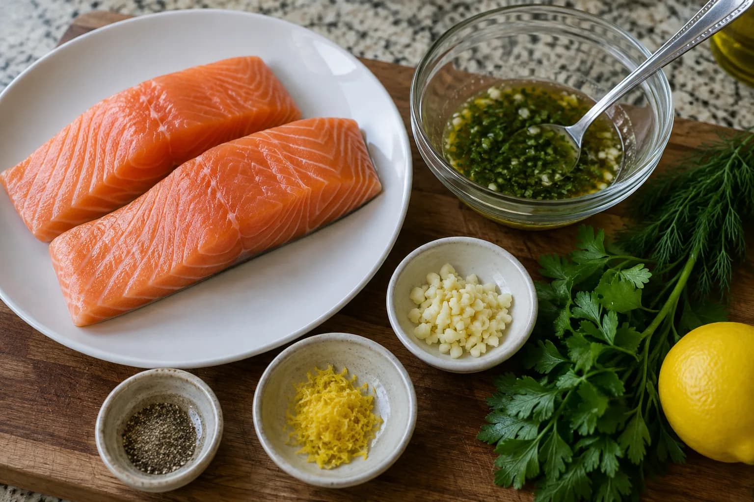 Salmon fillets being prepared beside a bowl of lemon, garlic, olive oil, dill, and parsley.