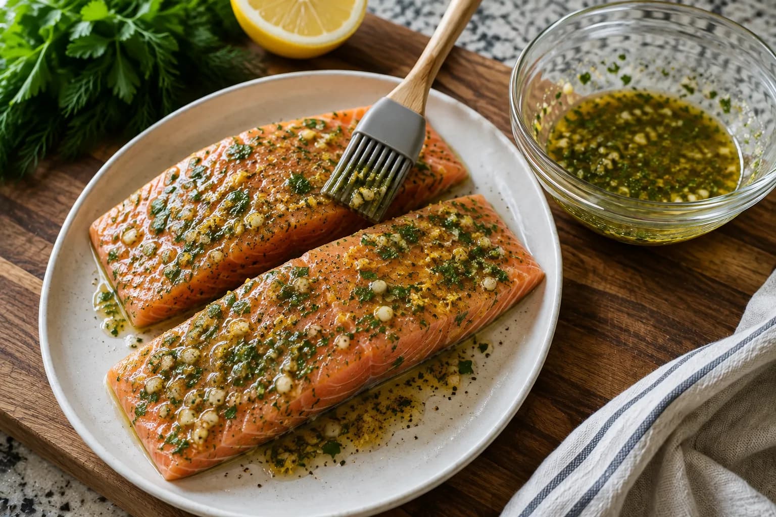 Salmon fillets naturally coated with olive oil, lemon, garlic, dill, and parsley seasoning.