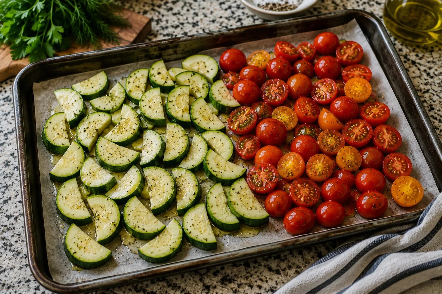 Zucchini and cherry tomatoes arranged naturally on a baking tray beside seasoned salmon.