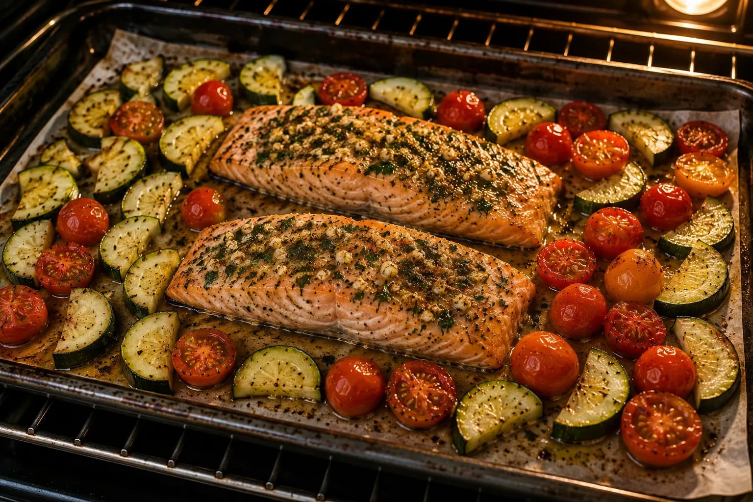 Salmon fillets baking on a tray with zucchini and cherry tomatoes in a home oven.