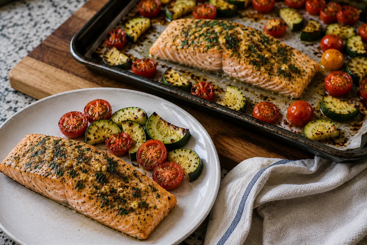 Cooked salmon resting on a plate while roasted zucchini and tomatoes finish on the baking tray.
