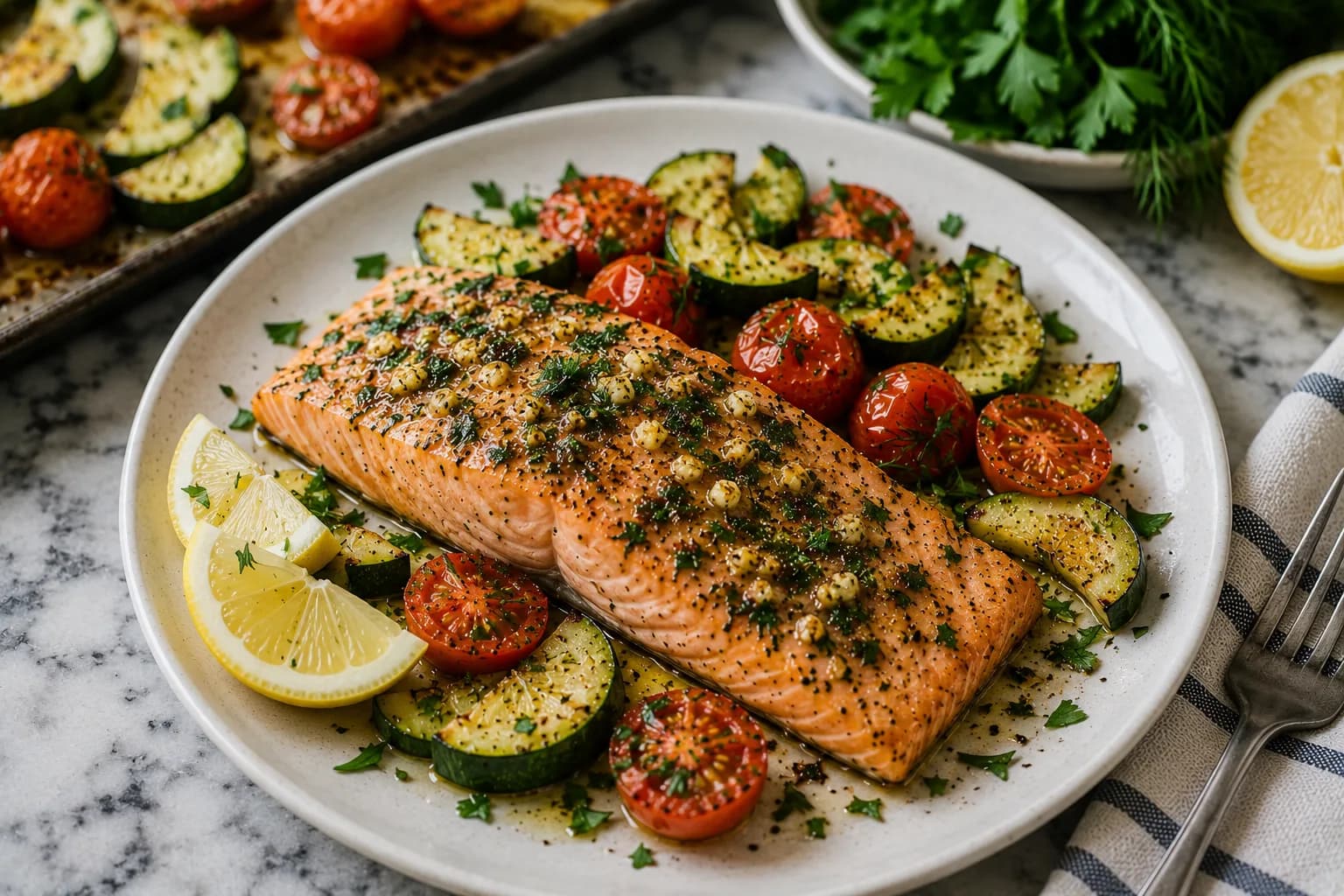 Naturally plated Mediterranean lemon herb salmon with roasted zucchini, cherry tomatoes, fresh herbs, and lemon wedges.