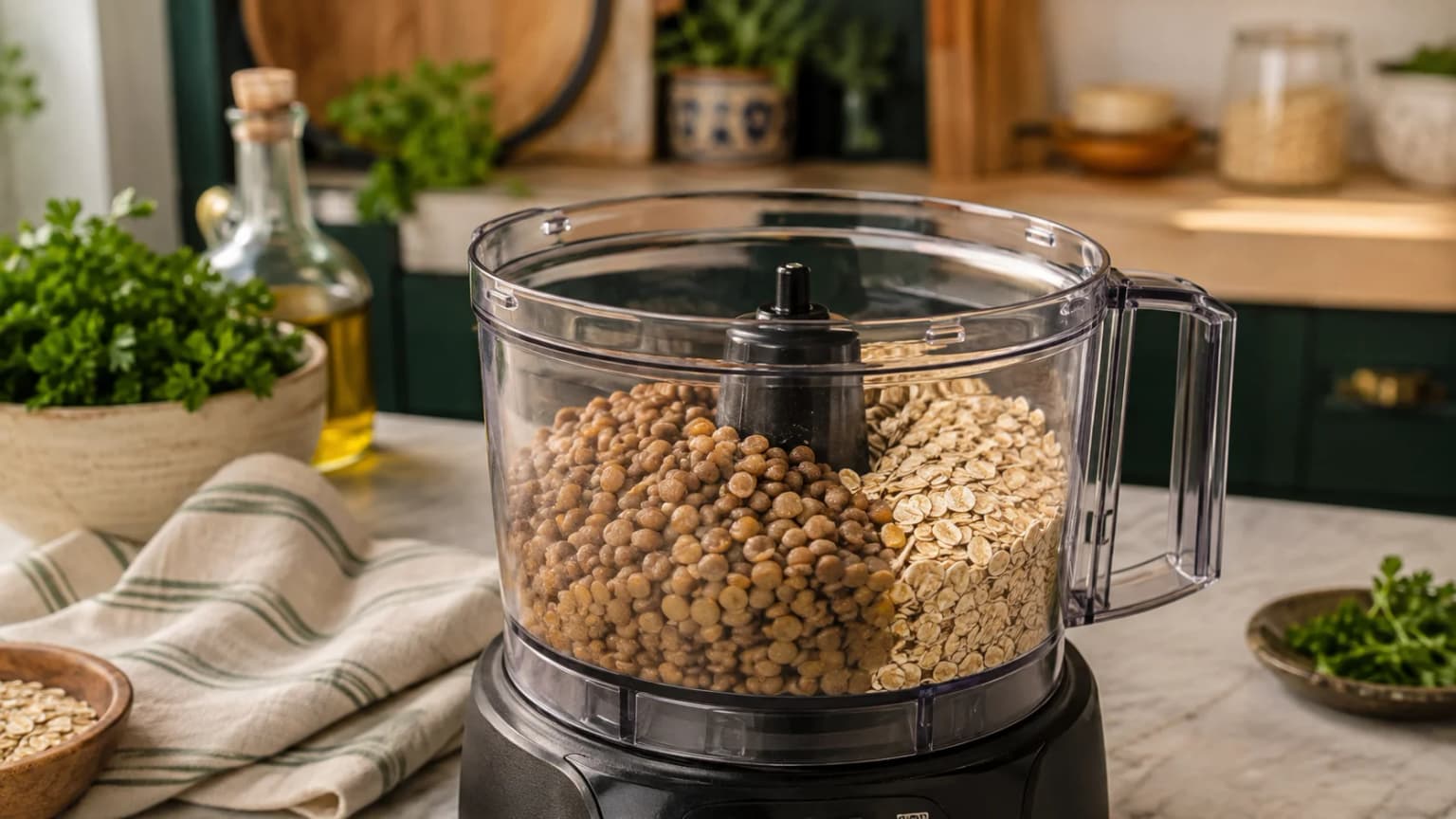 Cooked brown lentils and rolled oats being pulsed into a coarse mixture in a food processor in a stylish Mediterranean kitchen.