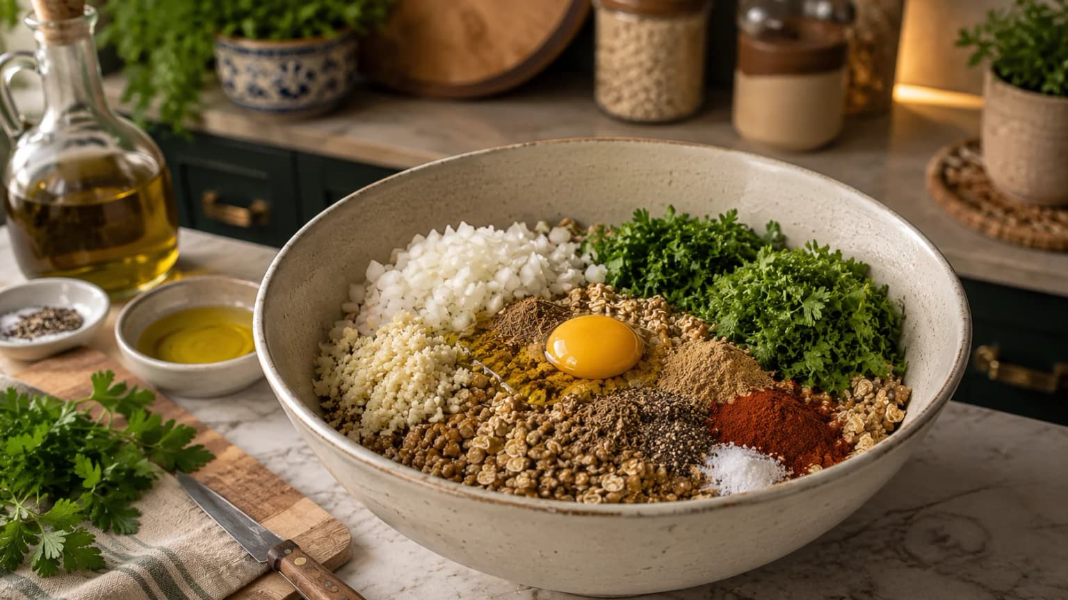 Coarse lentil and oat mixture combined with chopped onion, garlic, parsley, cilantro, egg, cumin, coriander, paprika, pepper, salt, and olive oil in a stylish kitchen.