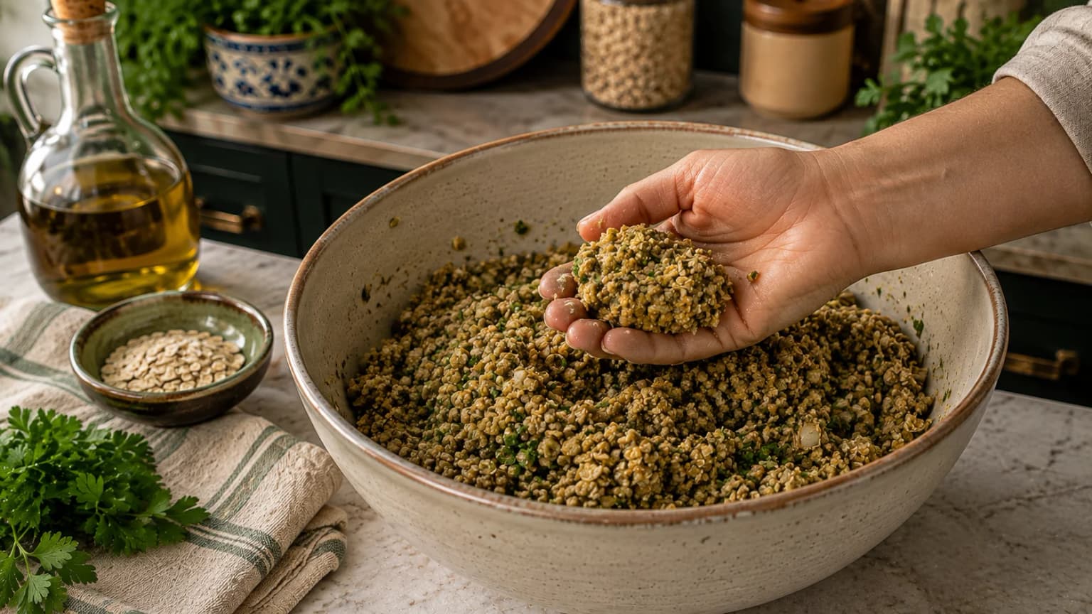 Cohesive lentil patty mixture being checked by hand after resting in a bowl in a stylish Mediterranean kitchen.