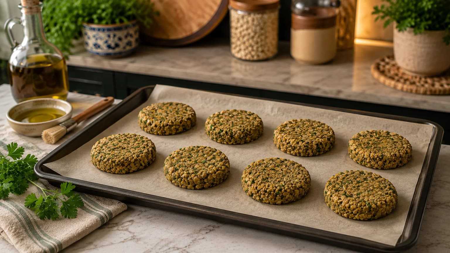 Eight evenly shaped Mediterranean lentil patties arranged on a parchment-lined baking tray in a stylish kitchen.