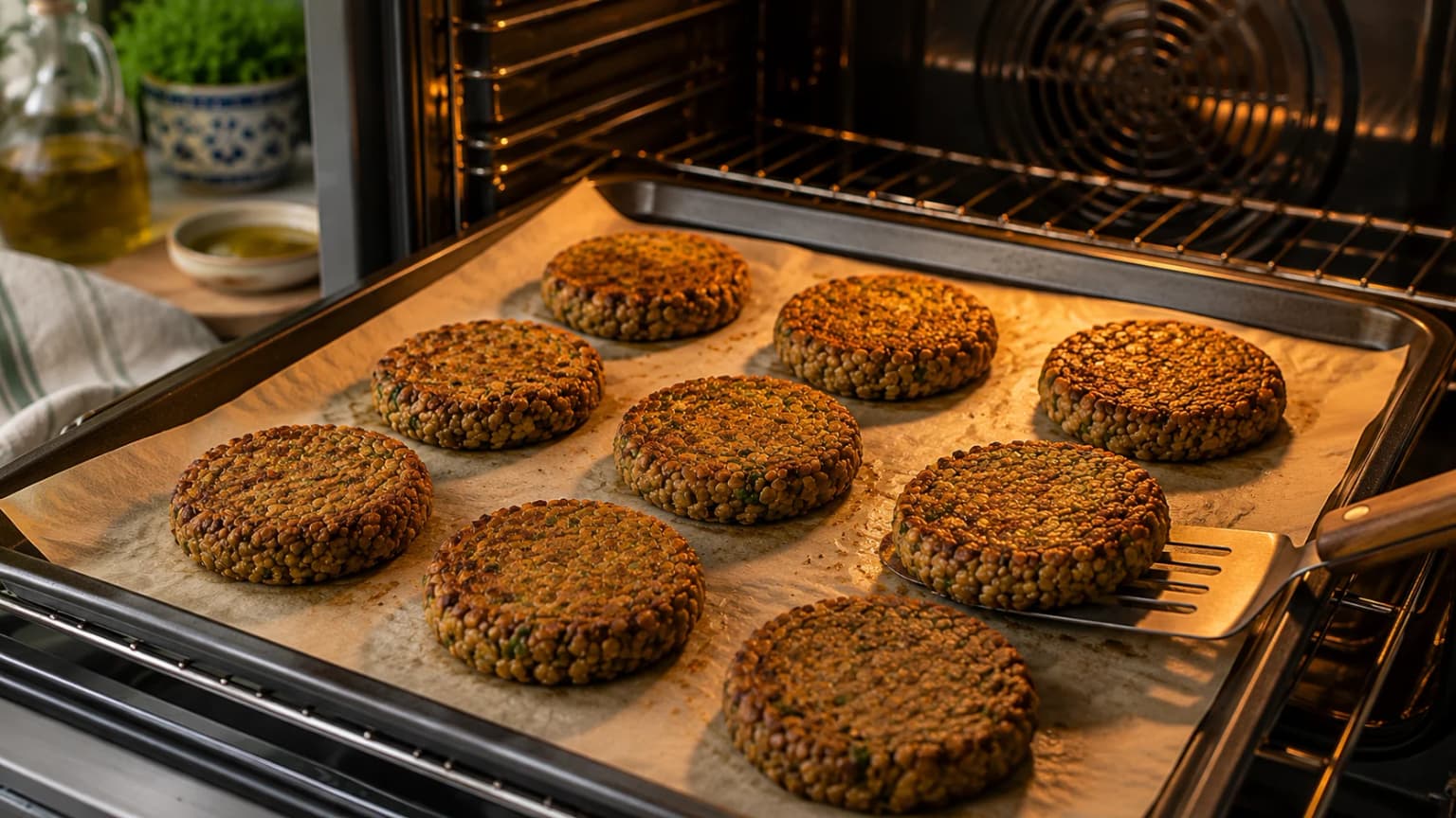 Golden Mediterranean lentil patties baking on a parchment-lined tray in a stylish kitchen oven.
