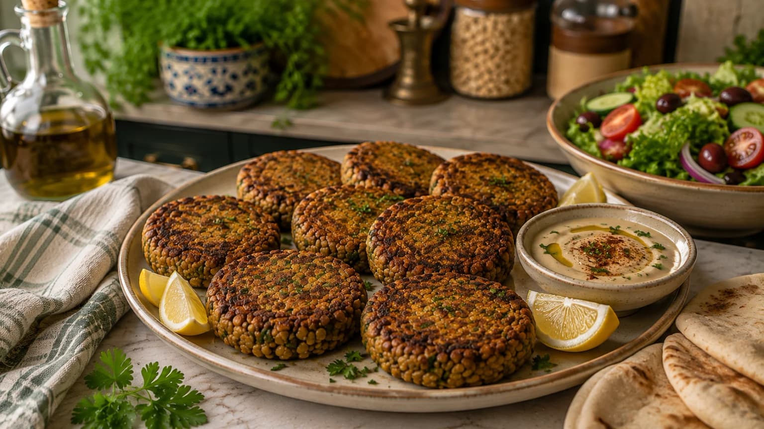 Golden Mediterranean lentil patties plated naturally with tahini sauce, fresh salad, herbs, and warm pita in a stylish kitchen.