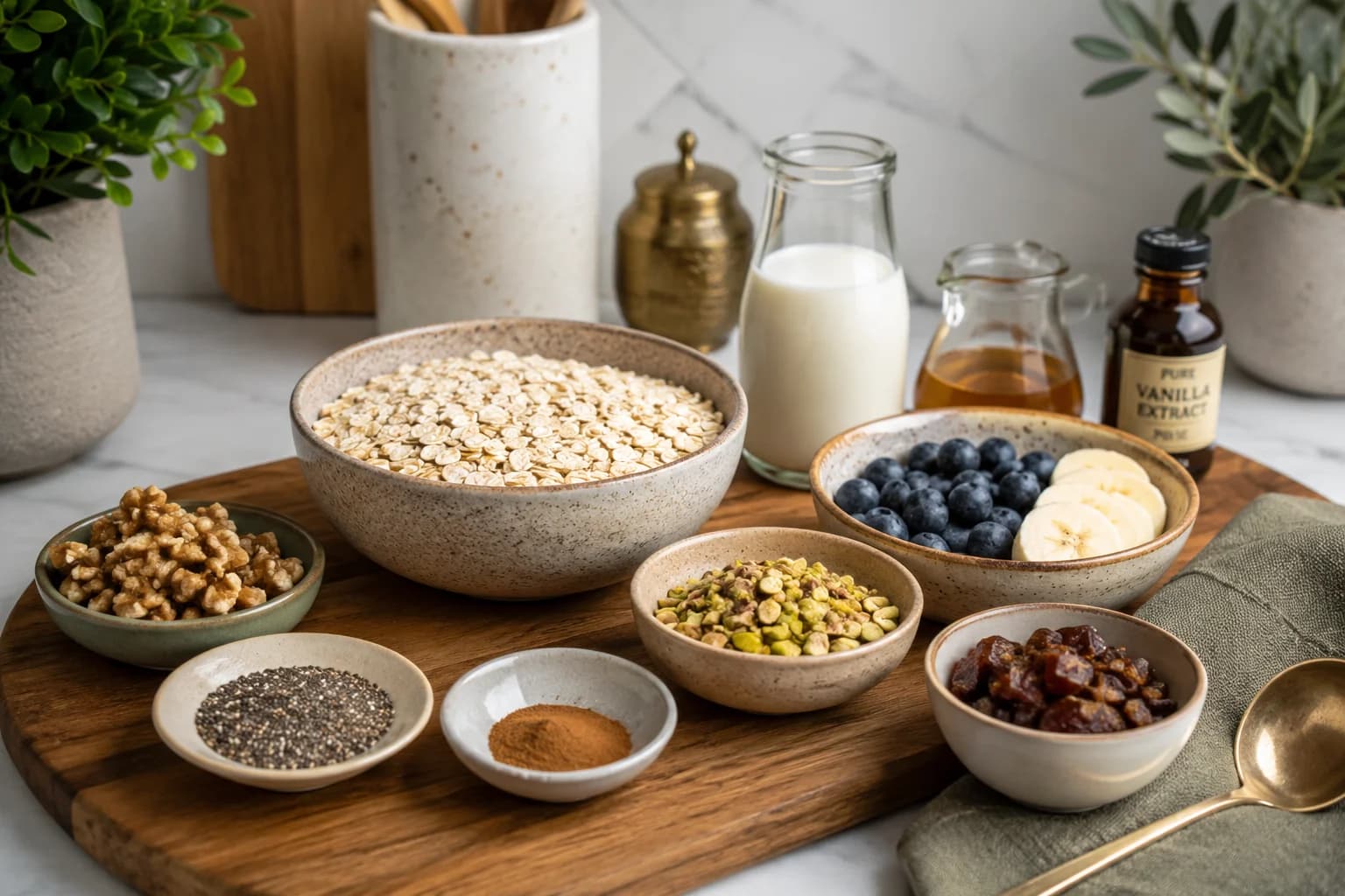 Medjool dates, pistachios, walnuts, banana, blueberries, and chia seeds prepared naturally in a stylish kitchen.