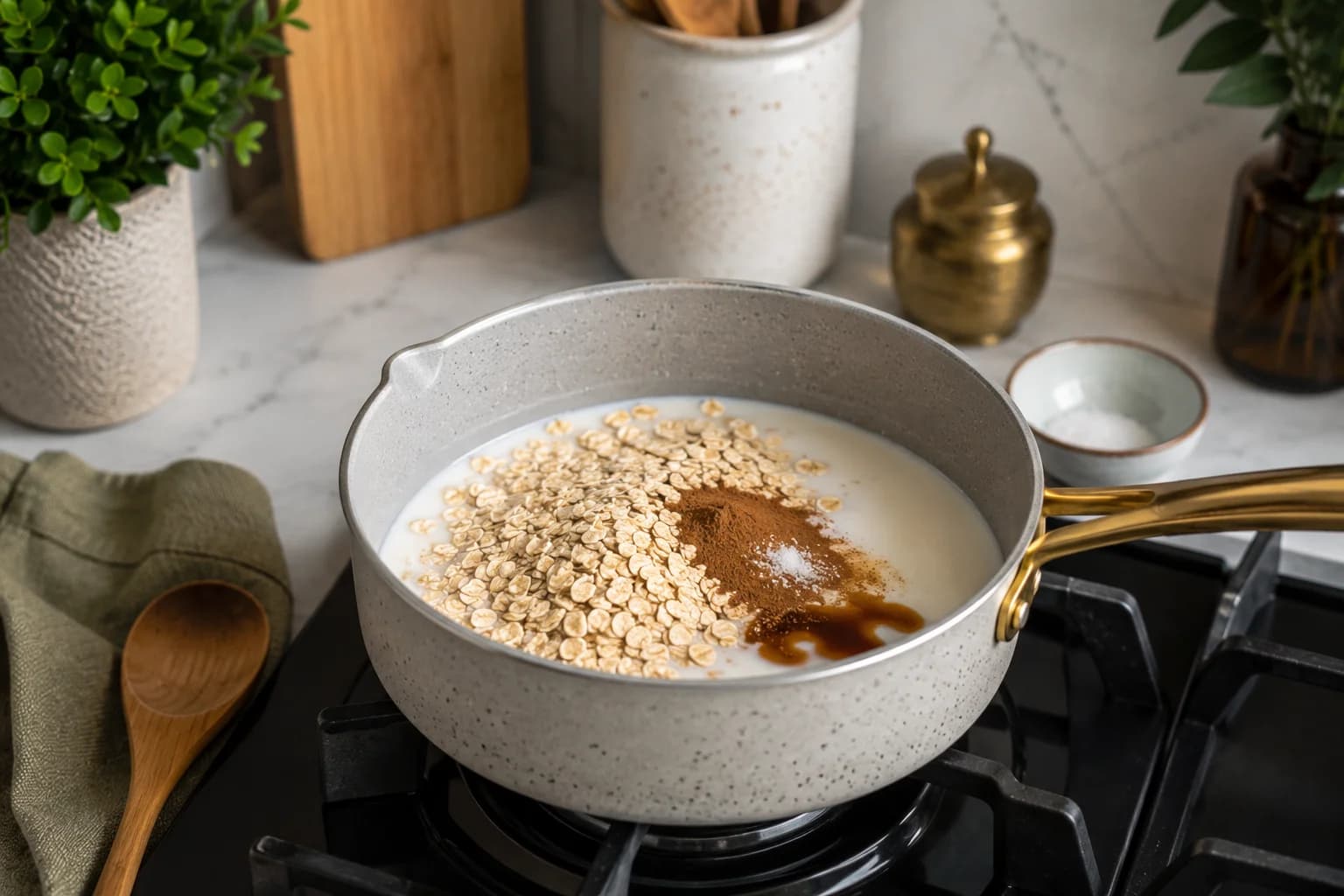 Rolled oats, milk, cinnamon, vanilla, and sea salt combined in a saucepan in a stylish kitchen.