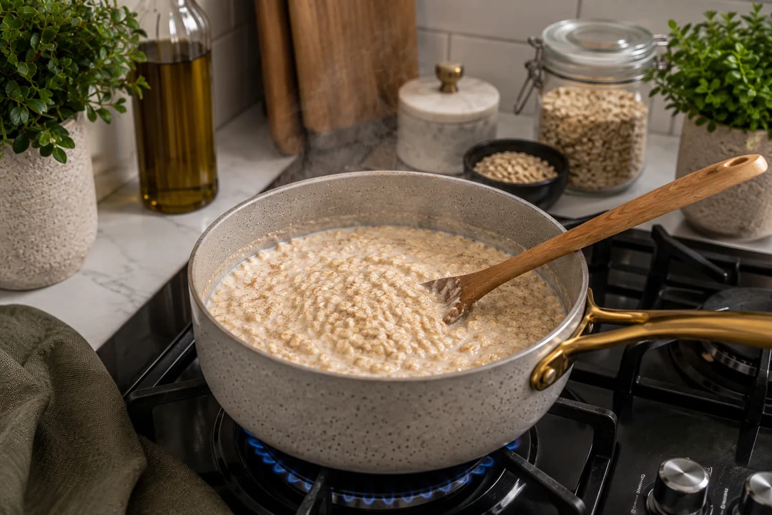 Creamy oatmeal gently simmering in a saucepan on a kitchen stove.