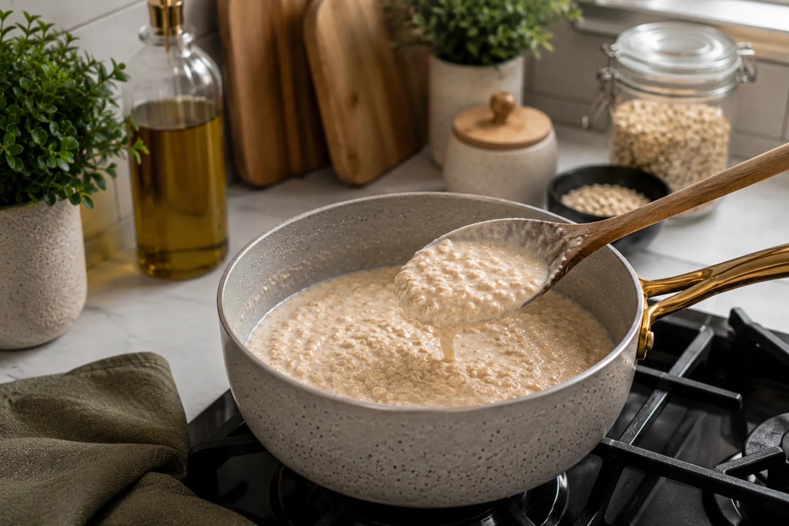 Creamy oatmeal being checked with a spoon for the correct consistency in a stylish kitchen.
