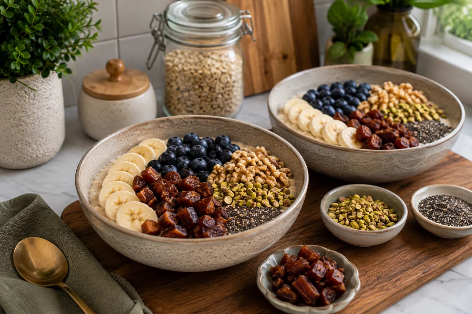 Creamy oatmeal topped naturally with Medjool dates, pistachios, walnuts, banana, blueberries, and chia seeds.