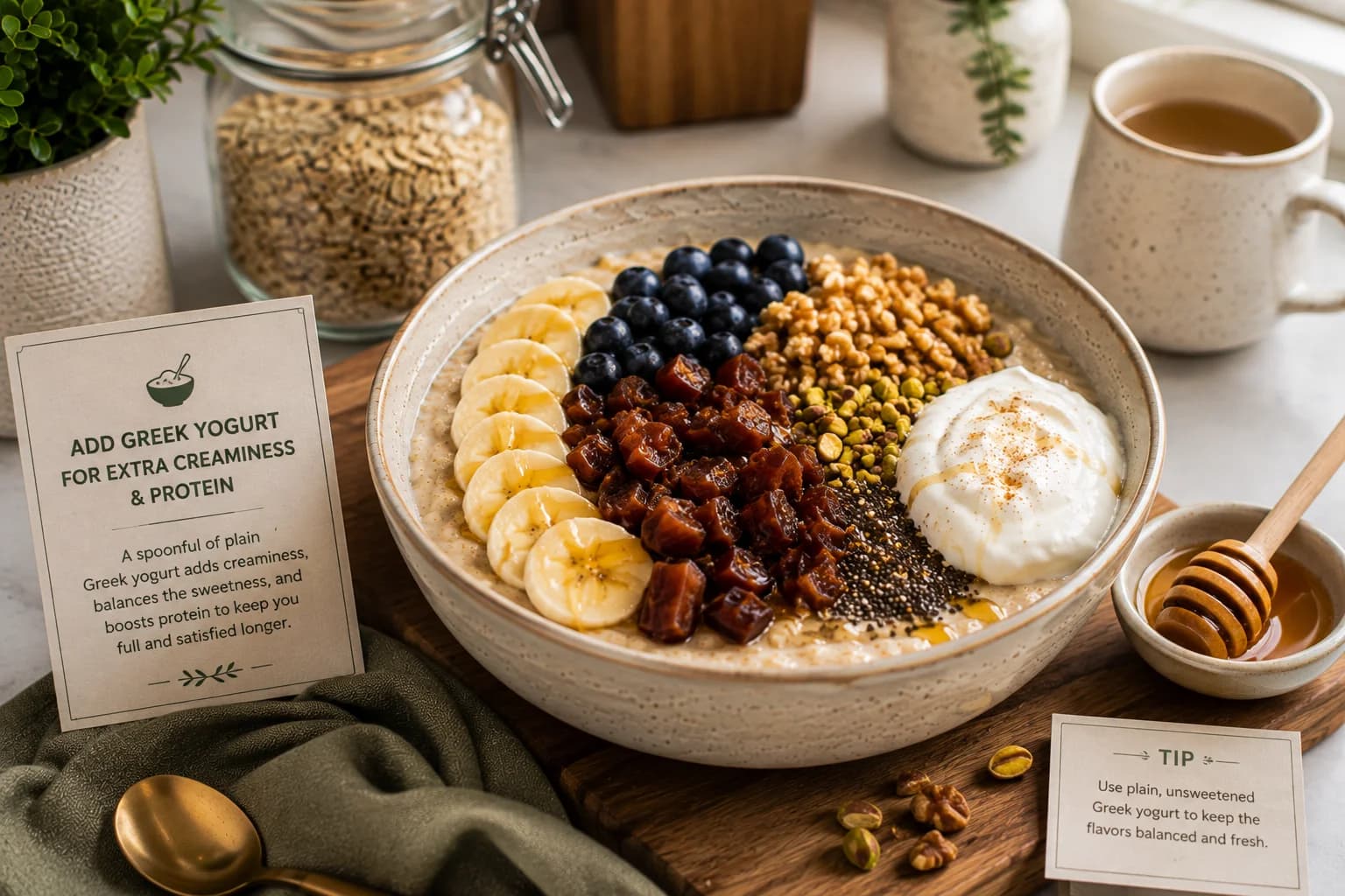 Finished Mediterranean oatmeal with dates, pistachios, walnuts, fruit, chia seeds, and honey served naturally in a stylish kitchen.