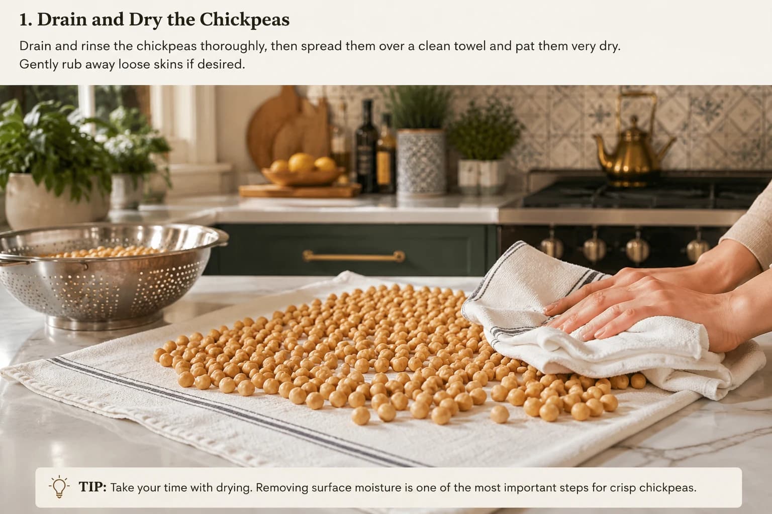 Drained chickpeas being dried on a clean kitchen towel in a stylish Mediterranean kitchen.
