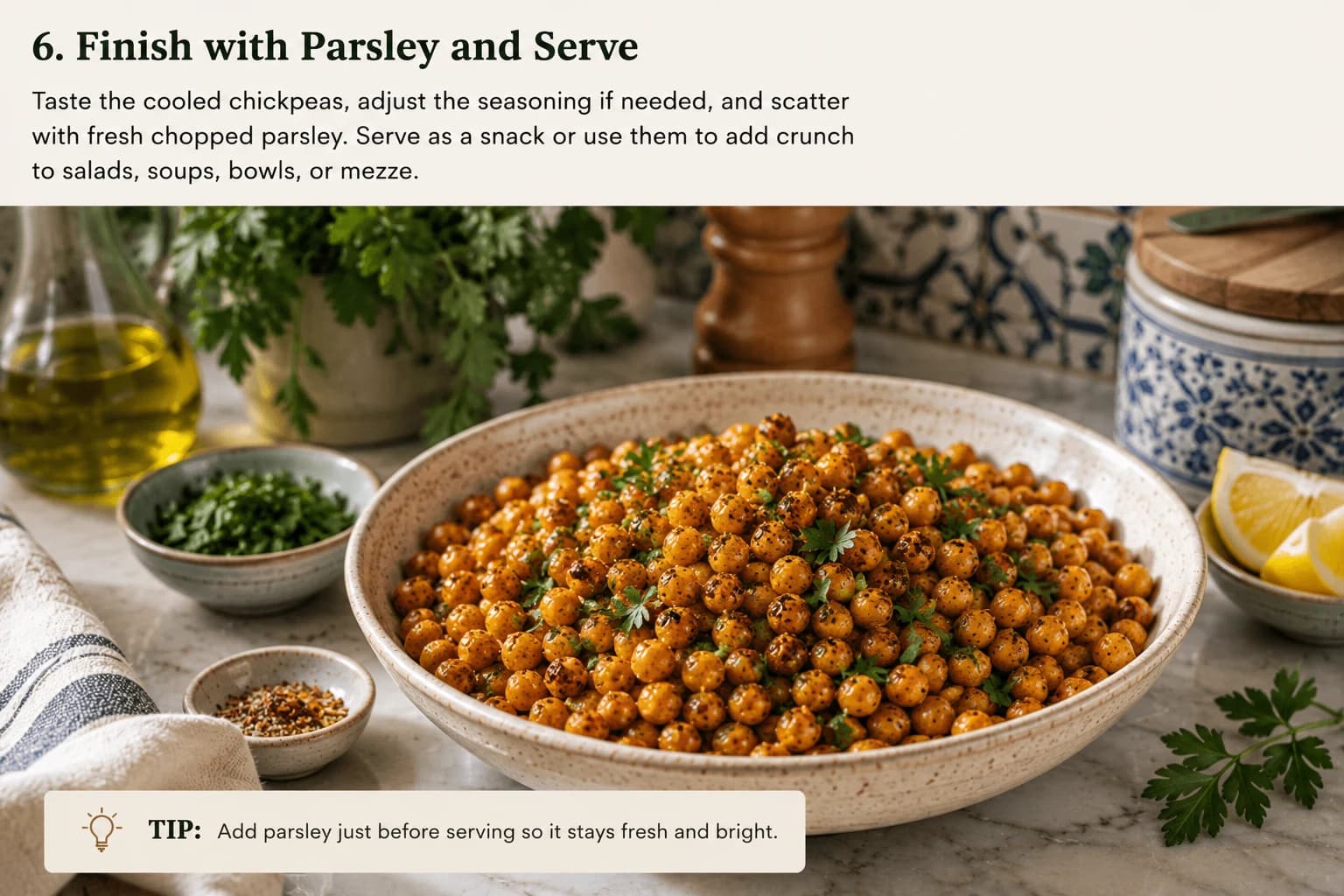 Naturally arranged crispy Mediterranean roasted chickpeas finished with fresh parsley in a stylish kitchen.