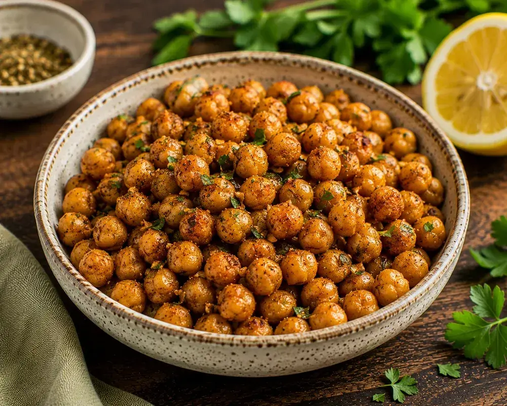 Golden roasted chickpeas seasoned with smoked paprika, garlic, oregano, cumin, parsley, and Mediterranean spices in a stylish kitchen.