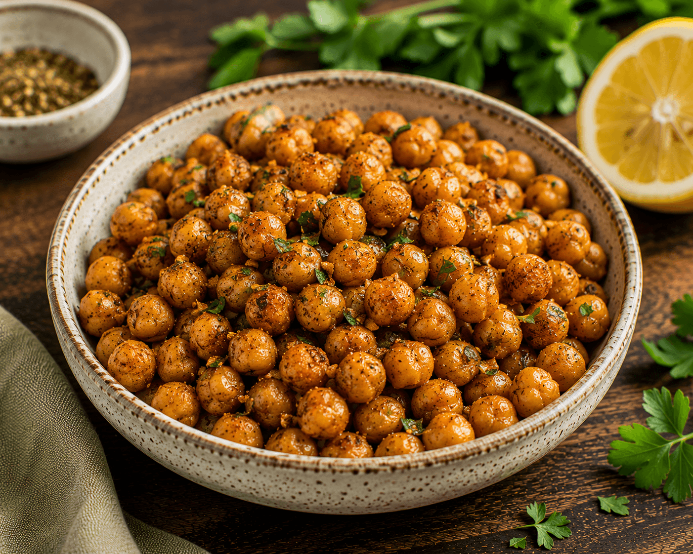 Crispy roasted chickpeas seasoned with paprika, garlic, oregano, parsley, and Mediterranean herbs.