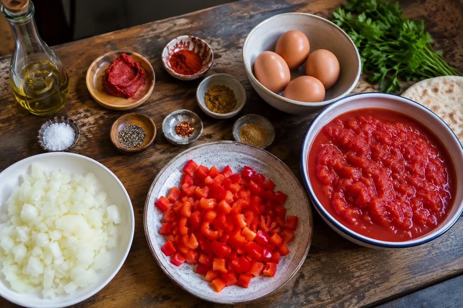 Prepared onion, red bell pepper, garlic, tomatoes, spices, eggs, and herbs ready for shakshuka.