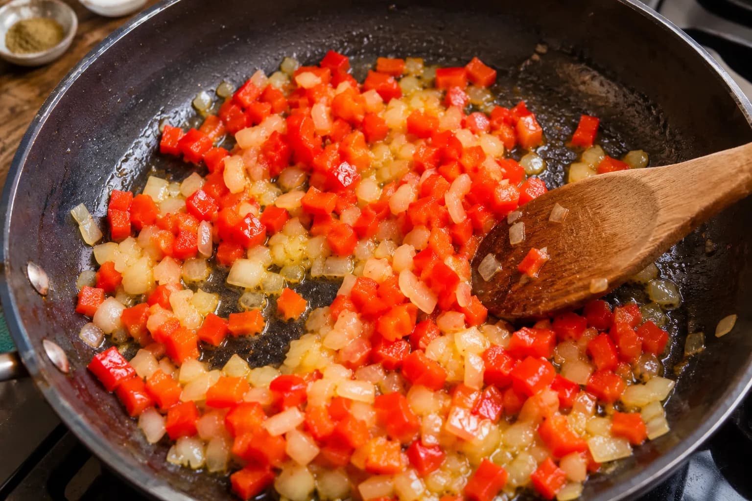 Diced onion and red bell pepper gently cooking in olive oil for shakshuka.