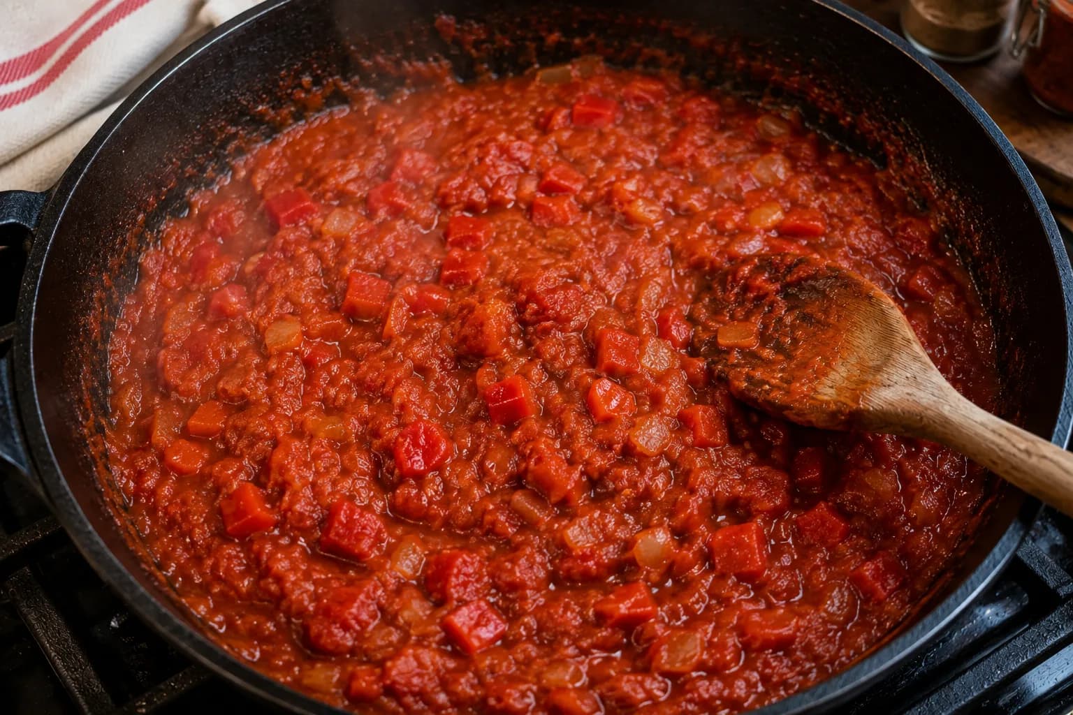 Thick tomato and pepper sauce simmering with garlic and warm spices for shakshuka.