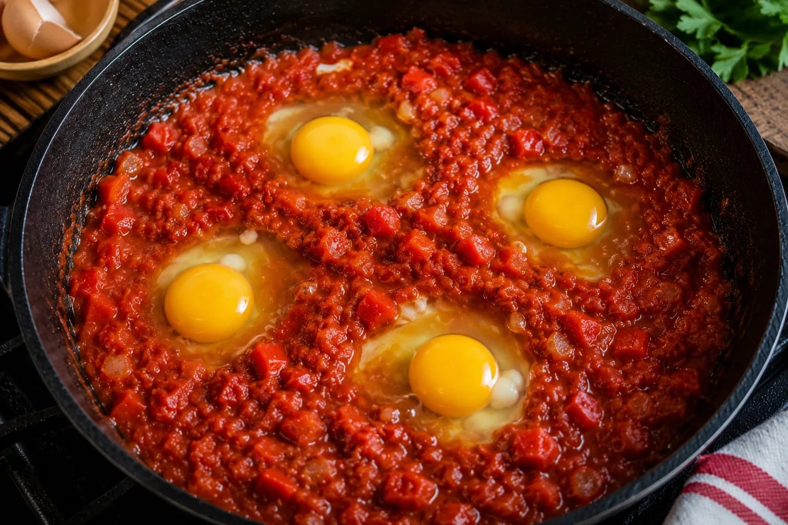 Four eggs gently placed into wells in thick tomato and pepper sauce for shakshuka.