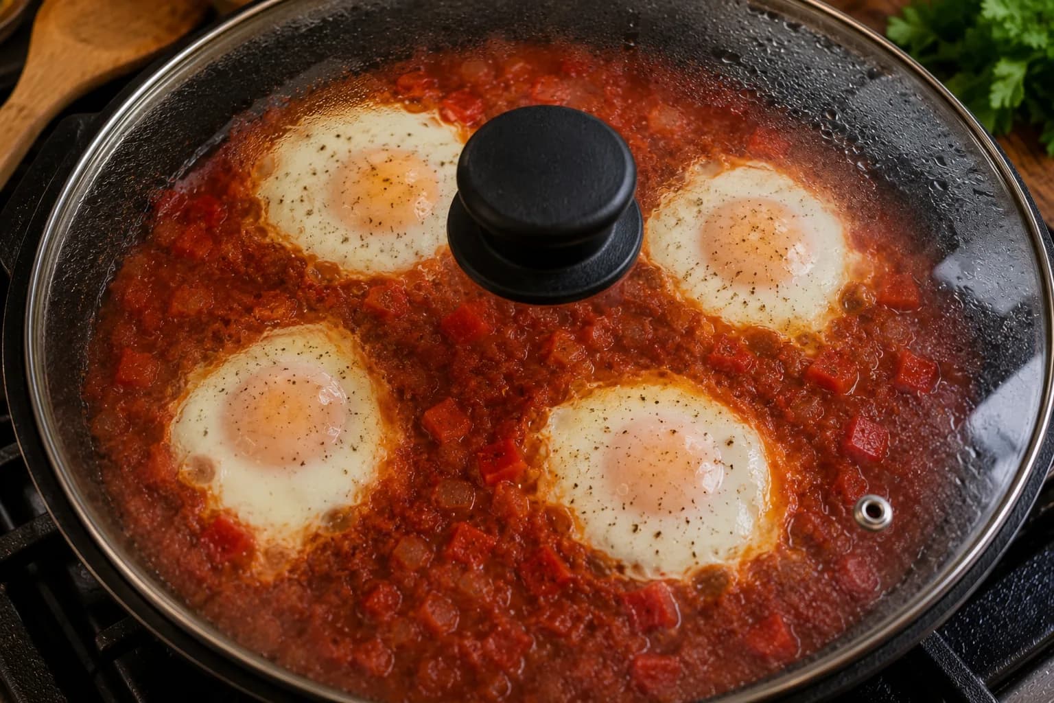 Shakshuka covered while eggs gently poach in the tomato sauce.