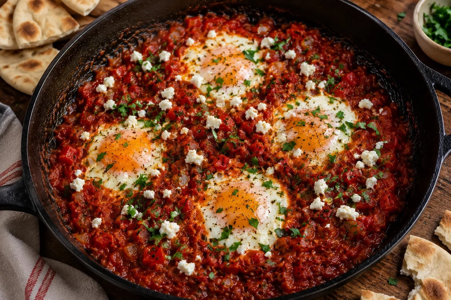 Finished shakshuka with eggs in tomato sauce, fresh parsley, optional feta, and warm pita bread.