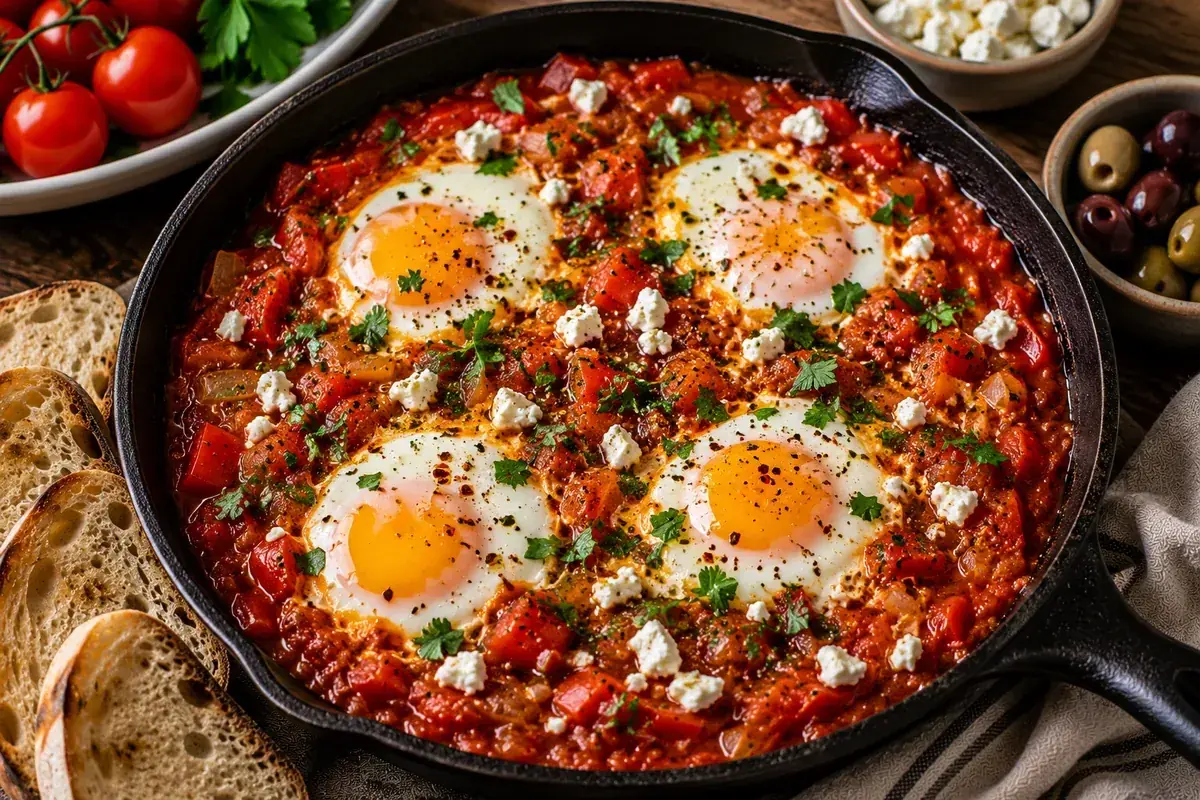 Mediterranean shakshuka with eggs gently poached in thick tomato and red pepper sauce, garnished with fresh parsley and feta.