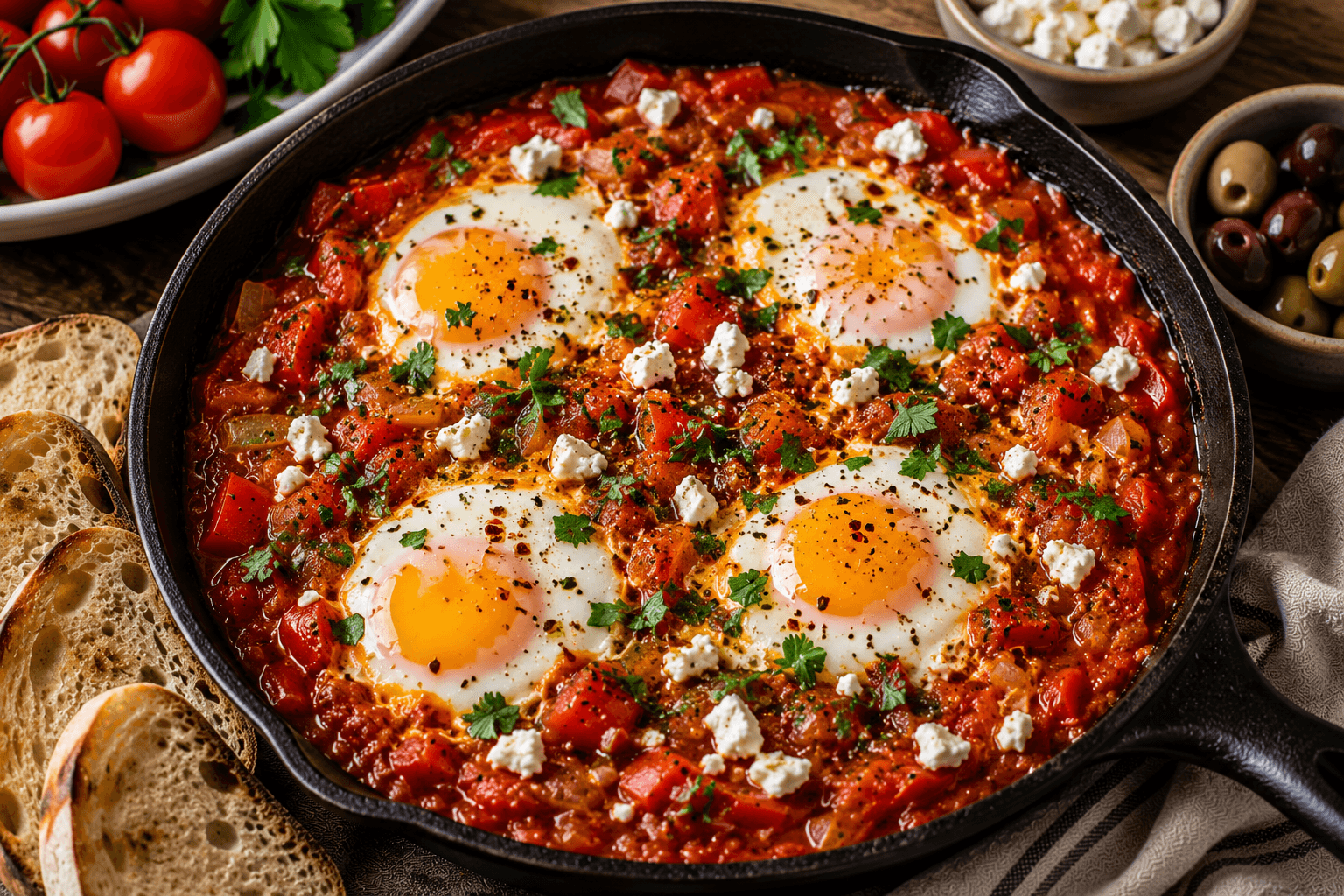 Mediterranean shakshuka with poached eggs in a tomato and pepper sauce garnished with parsley.
